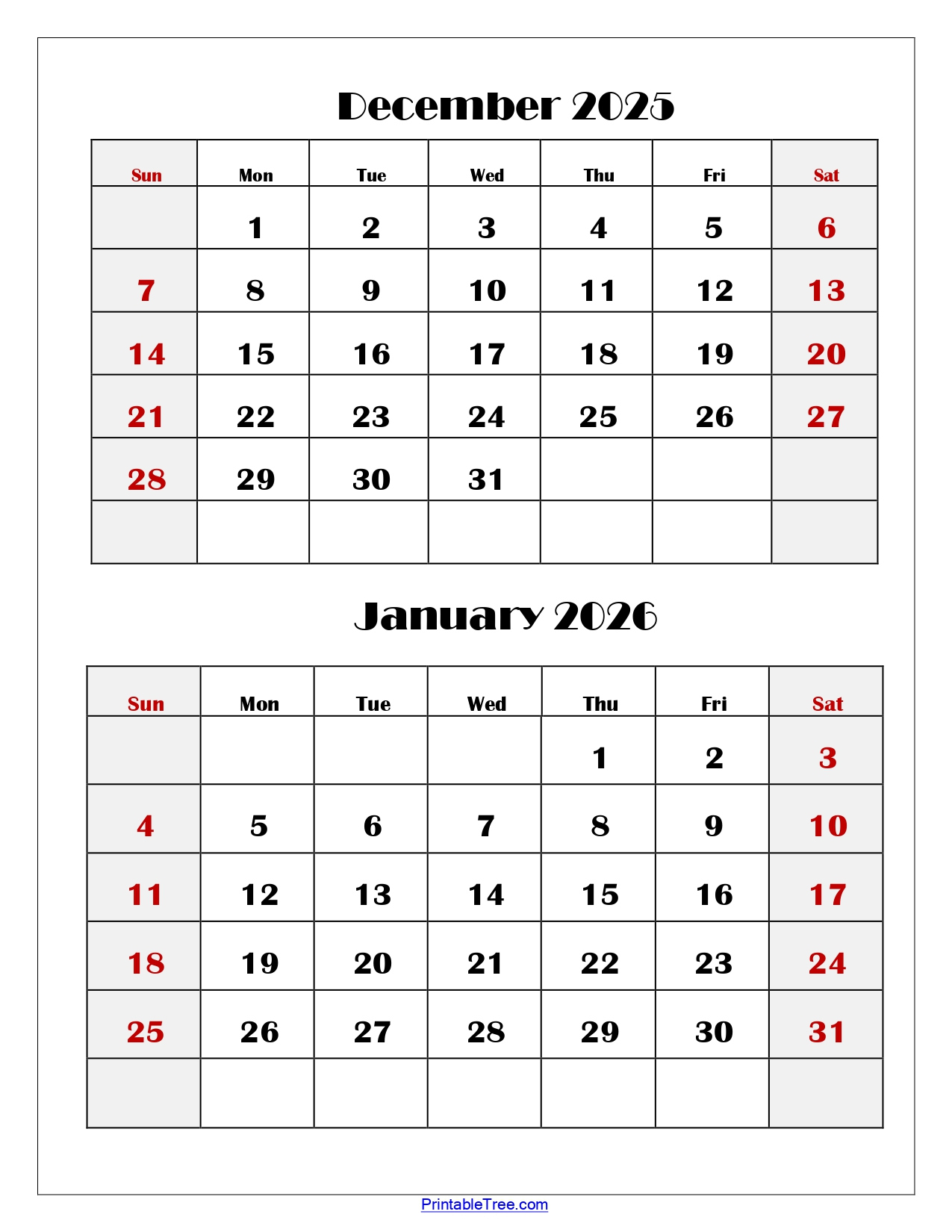 December And January 2026 Calendar Printable Pdf | Two Months Calendar in December 2025 January 2026 Printable Calendar