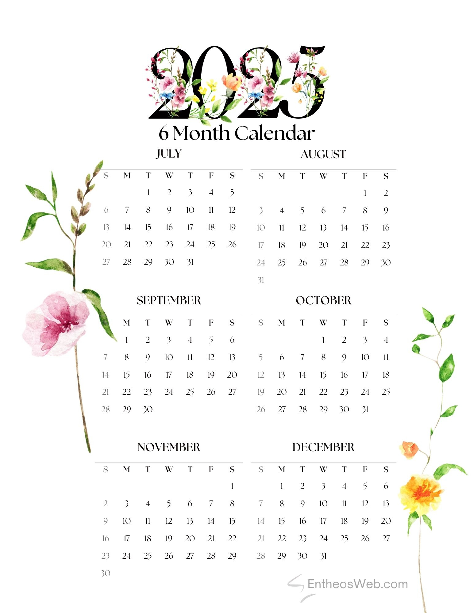 July To December 2025 – 6 Month Calendar Printable | Entheosweb intended for Printable Calendar July to December 2025