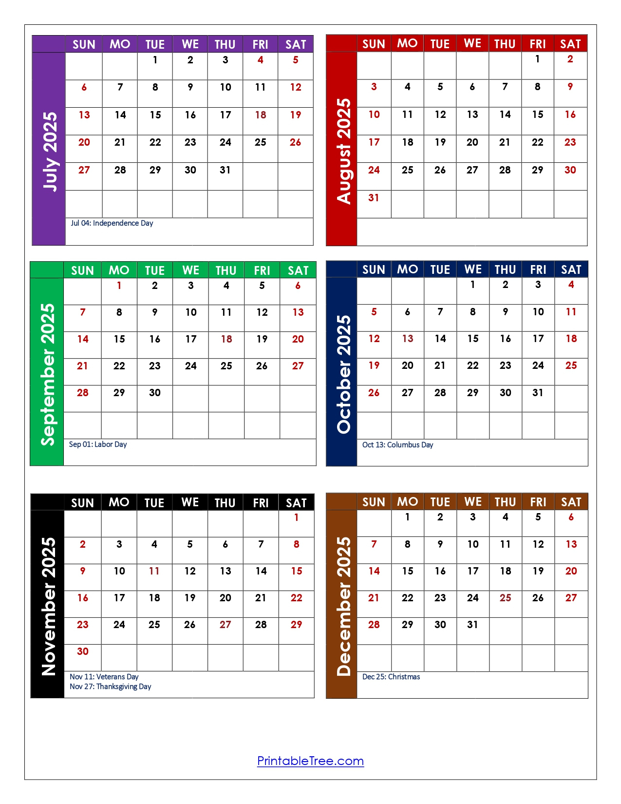 July To December 2025 Calendar Printable Pdf | Six Months Calendar within Printable Calendar August To December 2025