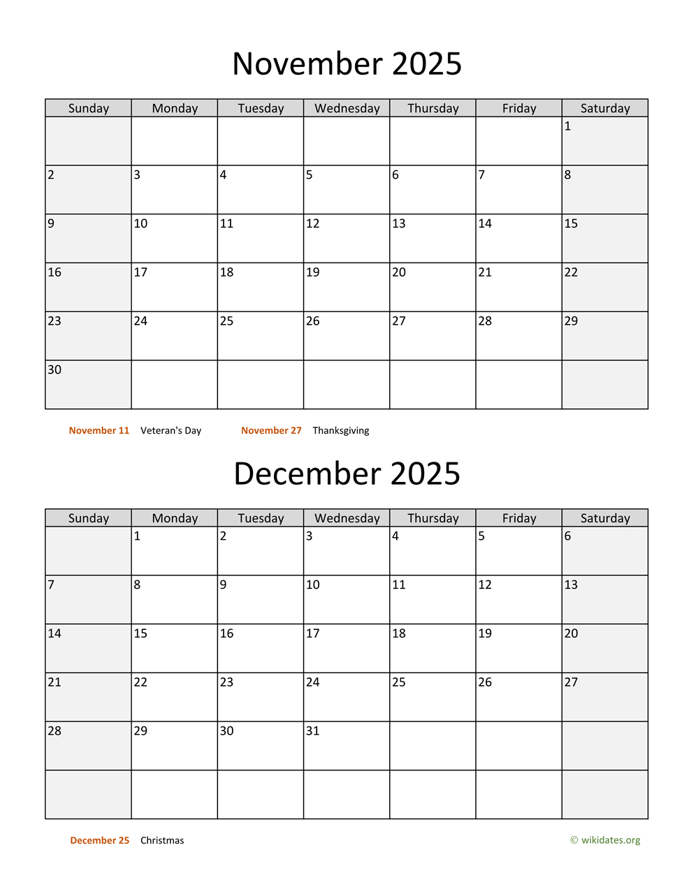 November And December 2025 Calendar | Wikidates for Printable November And December 2025 Calendar