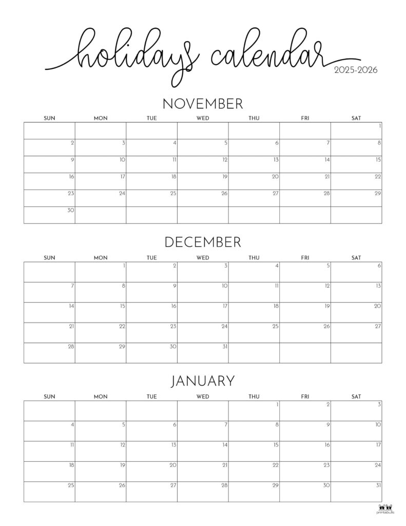November December 2025 Calendars - 28 Printables | Printabulls inside Printable 3 Month Calendar November December 2025 January 2026