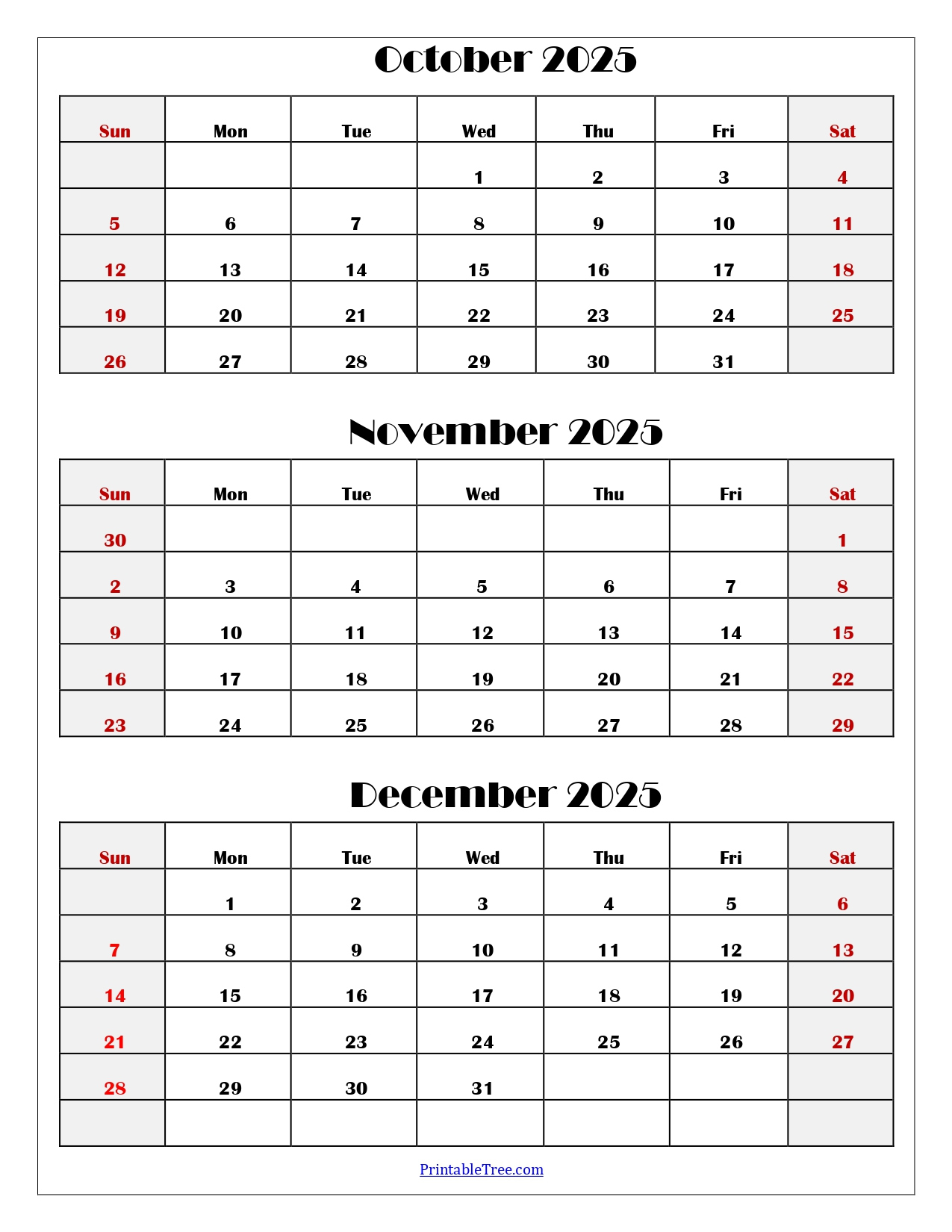 October To December 2025 Calendar Printable Pdf | Three Months within Printable October November December 2025 Calendar