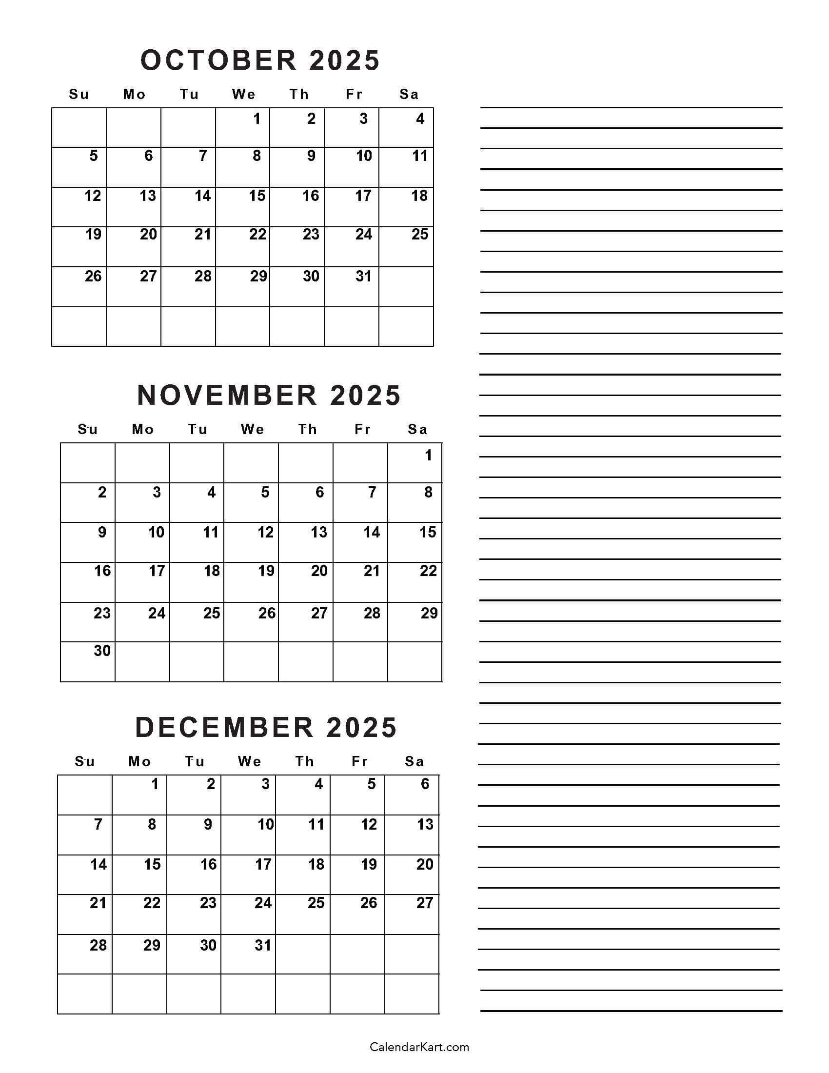 October To December 2025 Calendar (Q4) - Calendarkart throughout Printable October November December 2025 Calendar