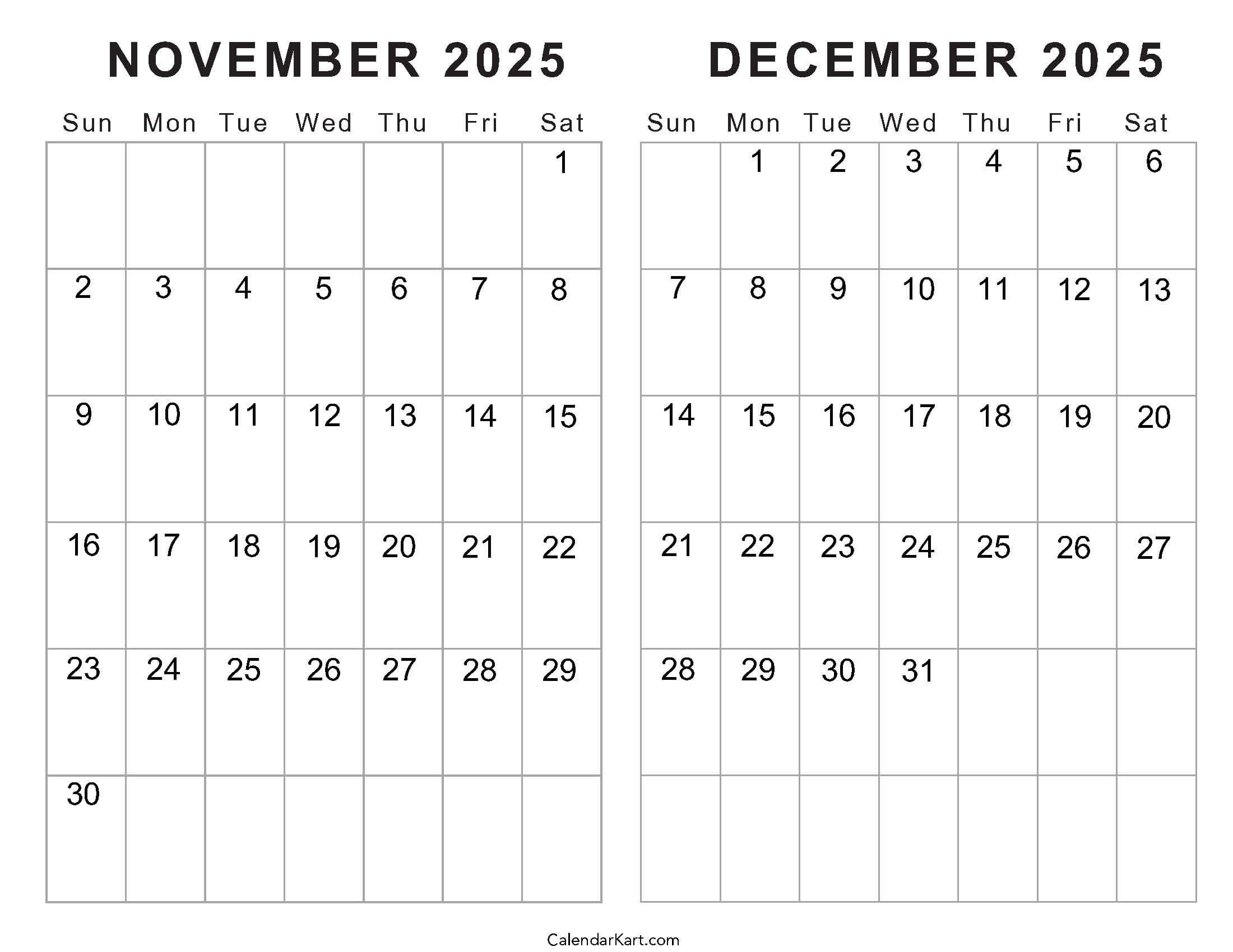 Printable November December 2025 Calendars | Calendarkart for Printable November And December 2025 Calendar