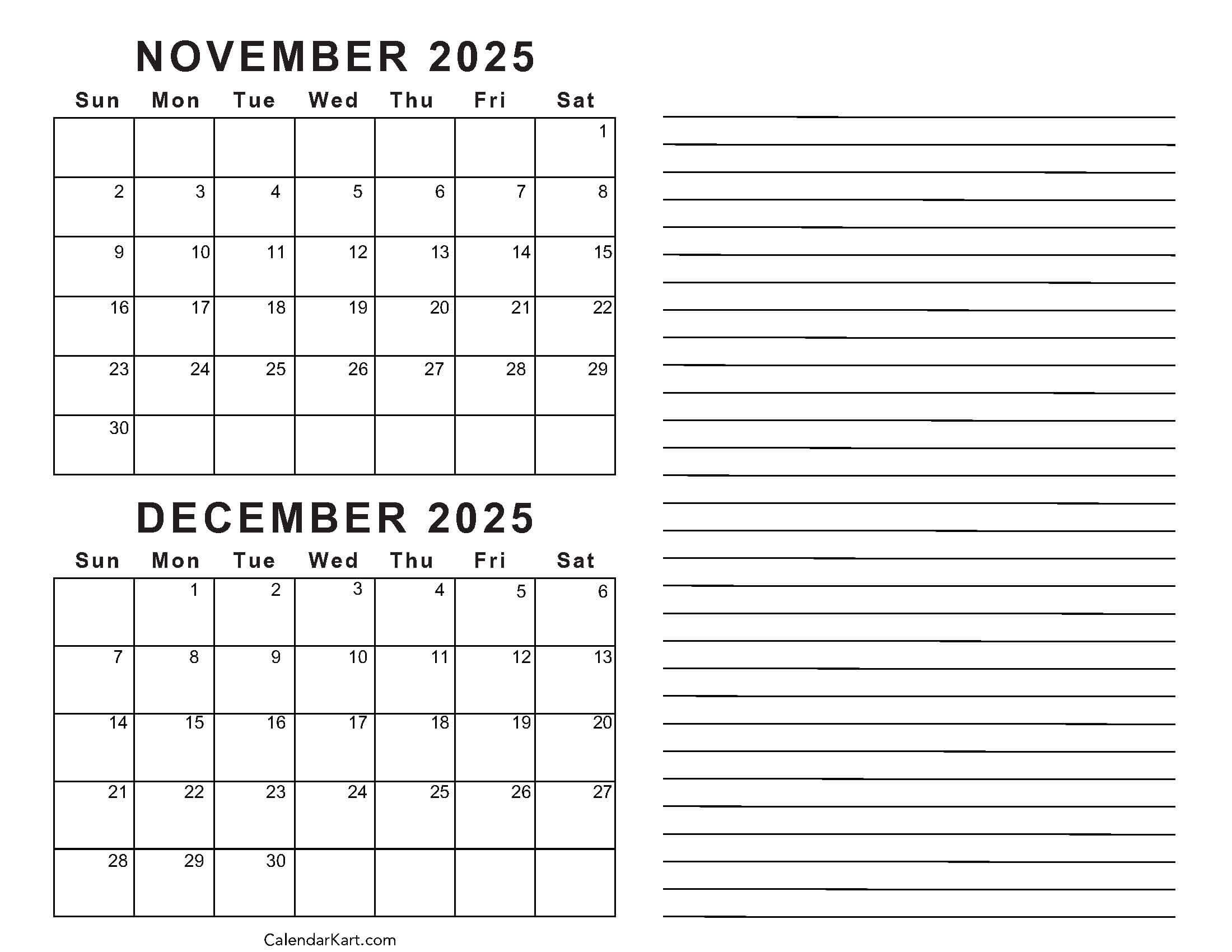 Printable November December 2025 Calendars | Calendarkart pertaining to November December 2025 Printable Calendar