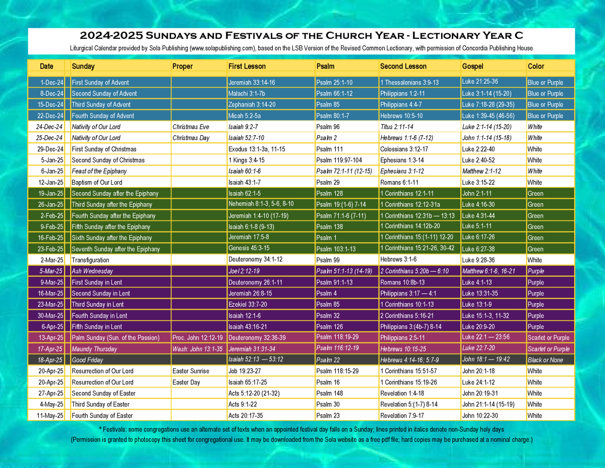 2024-2025 Liturgical Calendar (Year C) K-2025 | Sola Publishing with Methodist Liturgical Calendar 2026
