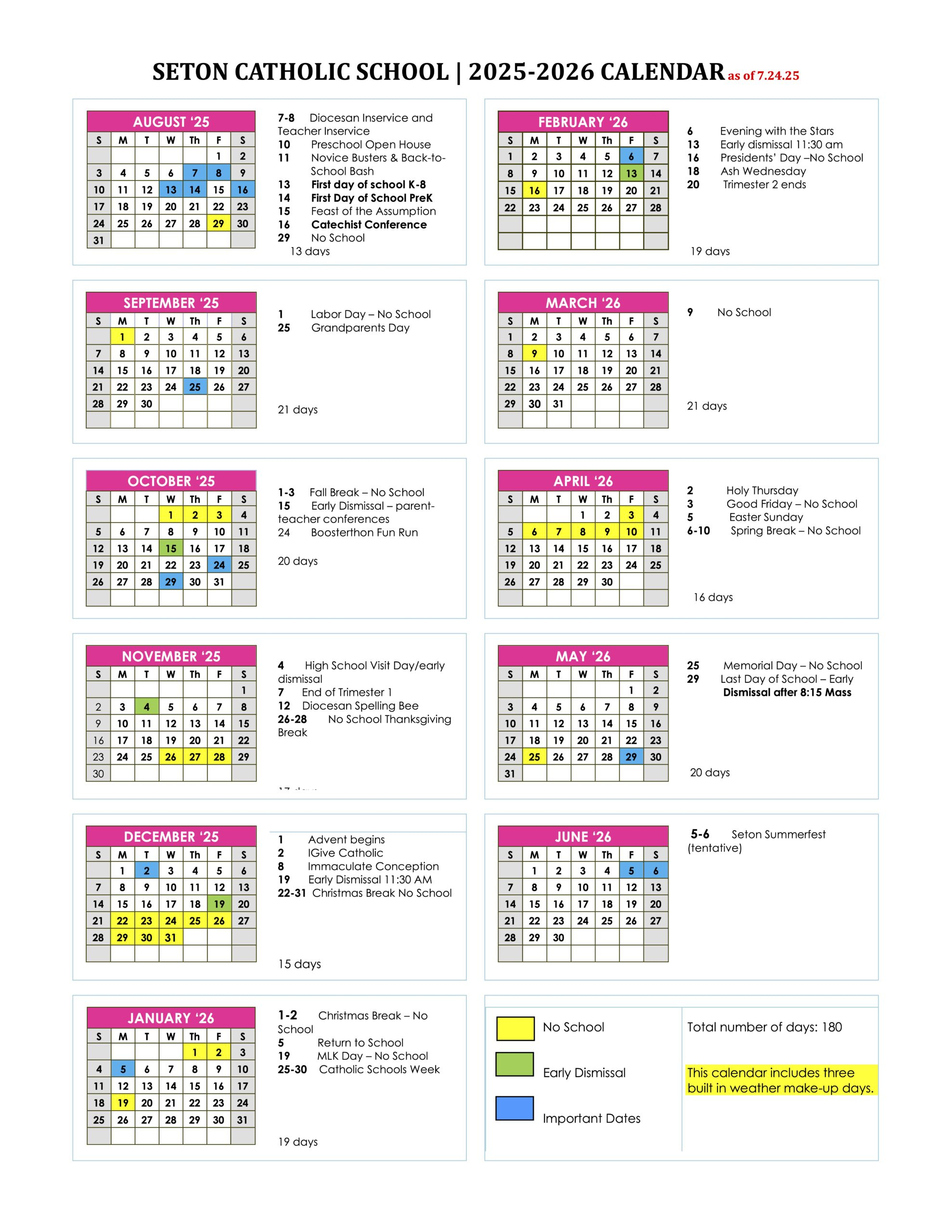 2025-2026 Academic Calendar - Seton Catholic School within Seton Catholic College Calendar 2026