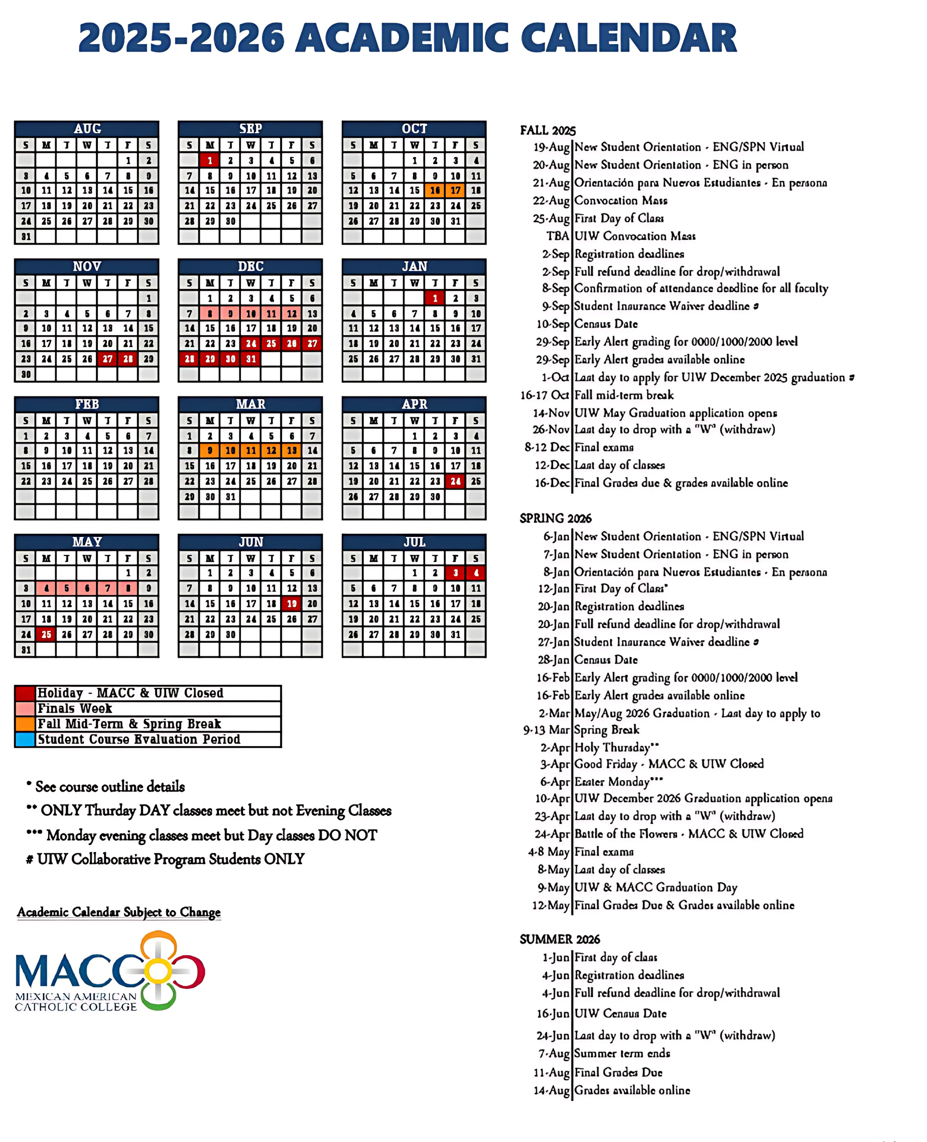 2025-2026 Macc Academic Calendar Image - Macc intended for Catholic University Academic Calendar 2026