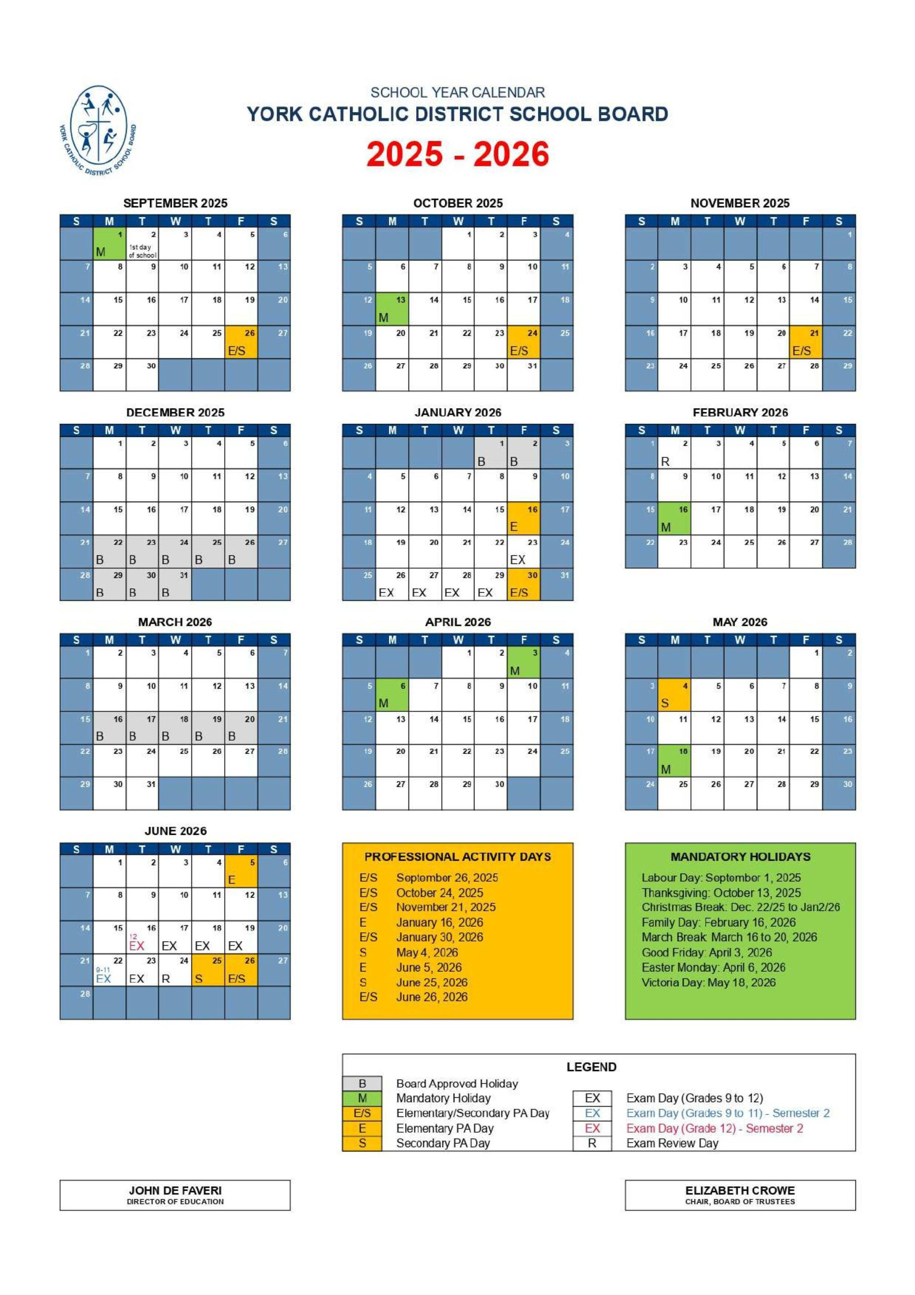 2025-2026 School Calendar - St. Maximilian Kolbe Catholic High School in Calgary Catholic School Calendar 2026 - 2027