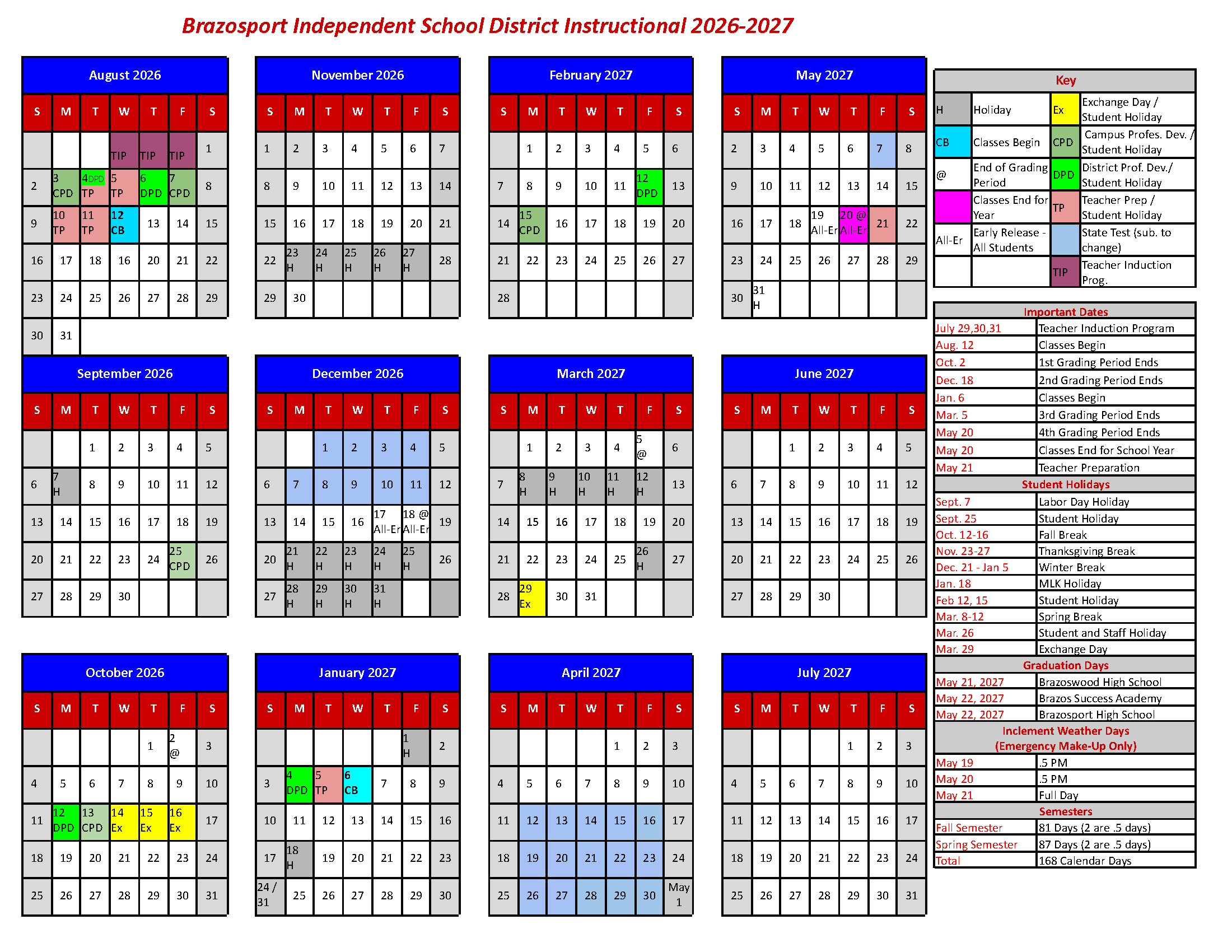 2026–2027 Calendar - Brazosport Independent School District throughout K12 Calendar 2026 - 2027