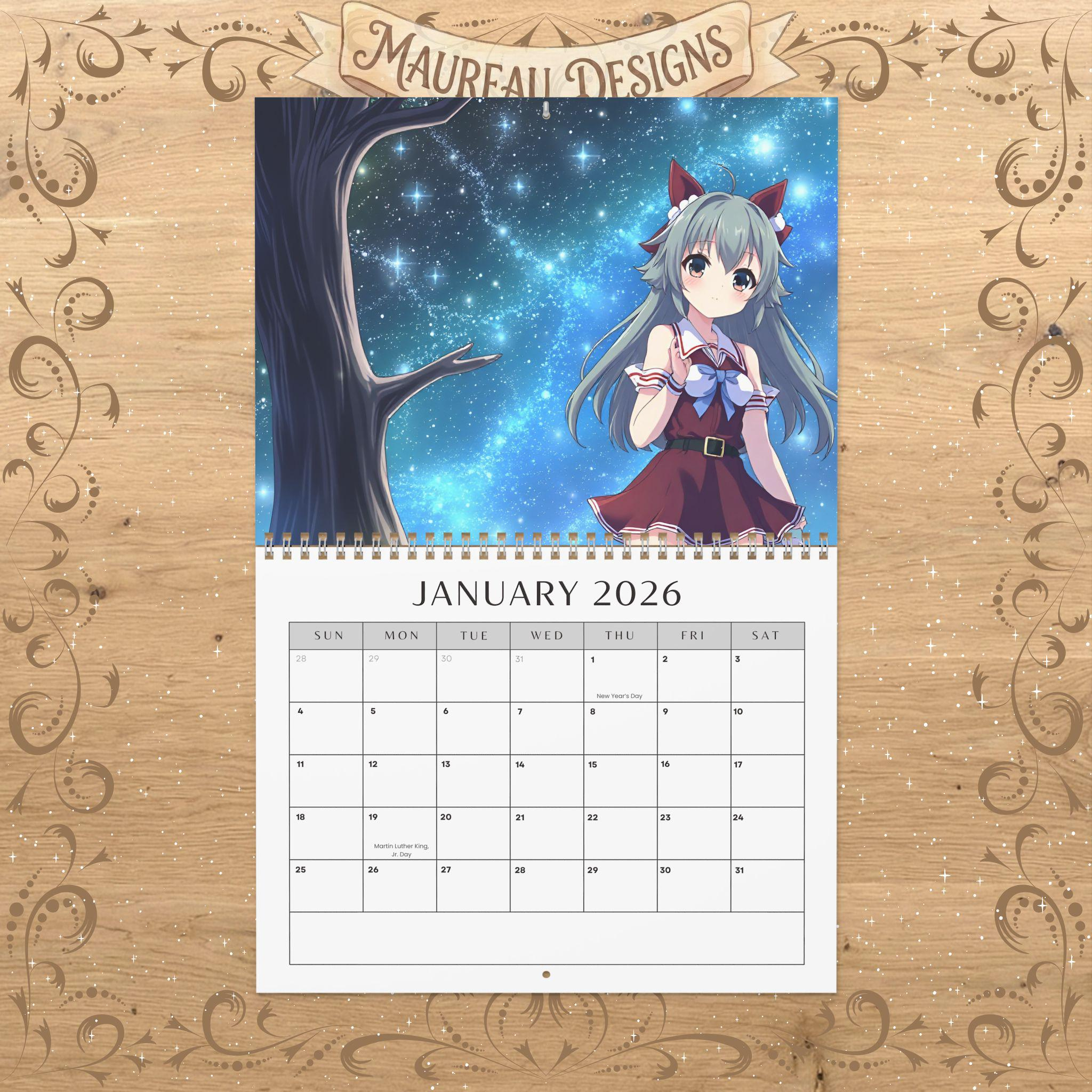 2026 Anime Girls Wall Calendar W/ Holidays, 11"X8.5", Christmas for Anime Calendar 2026 Usa
