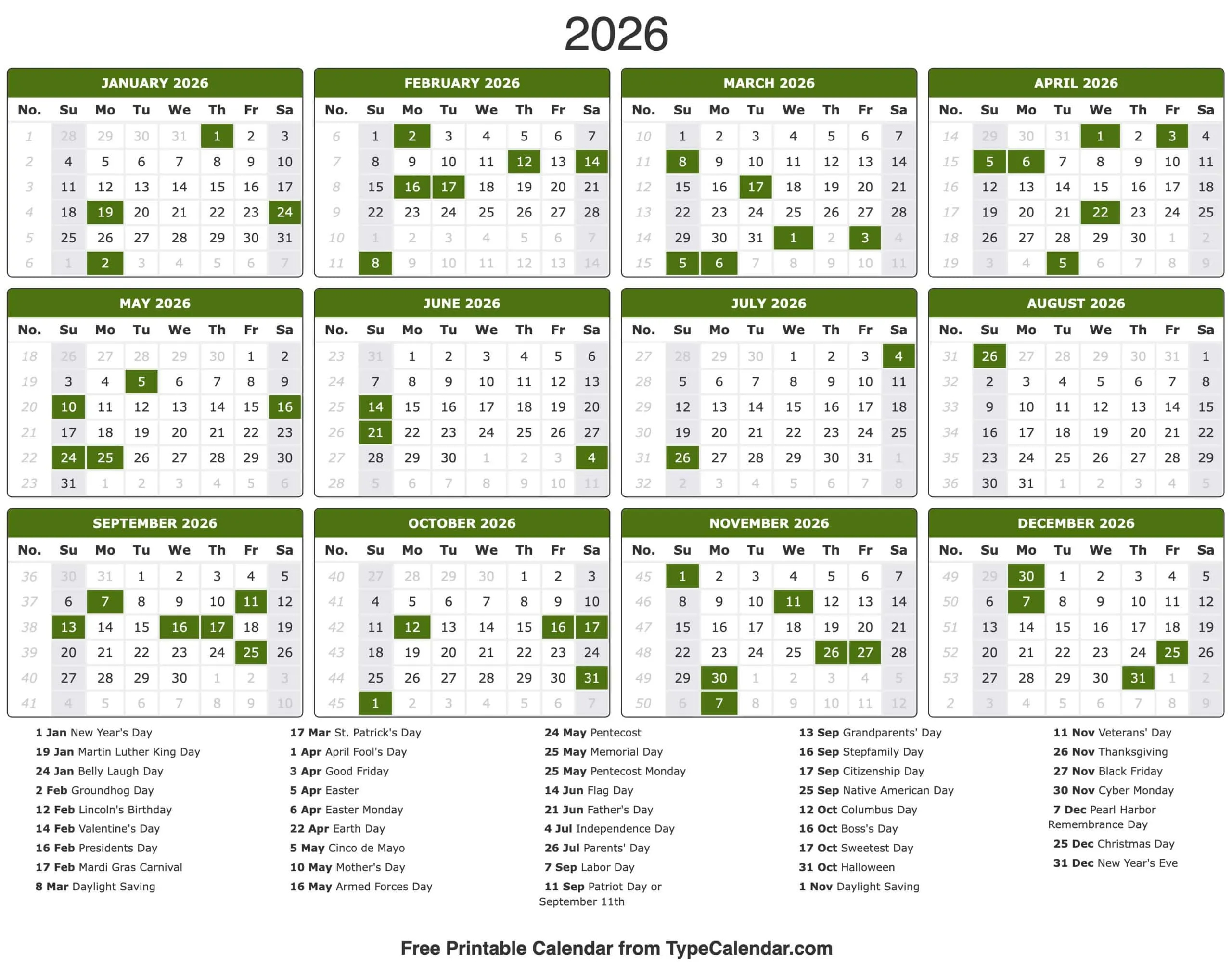 2026 Calendar - Free Printable Calendar With Holidays for Yearly Event Calendar 2026