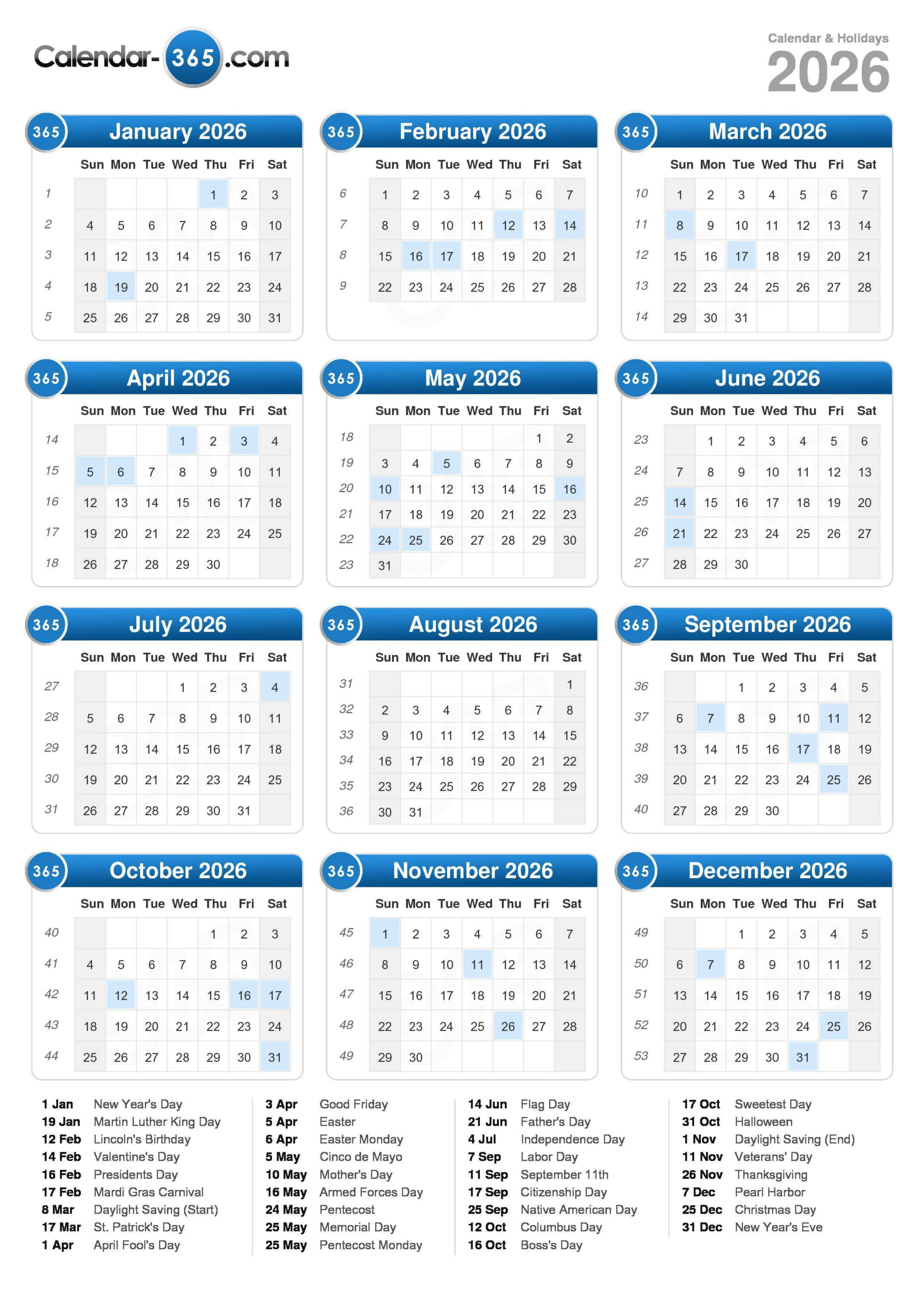 2026 Calendar in Calendar For Year 2026 (United States)