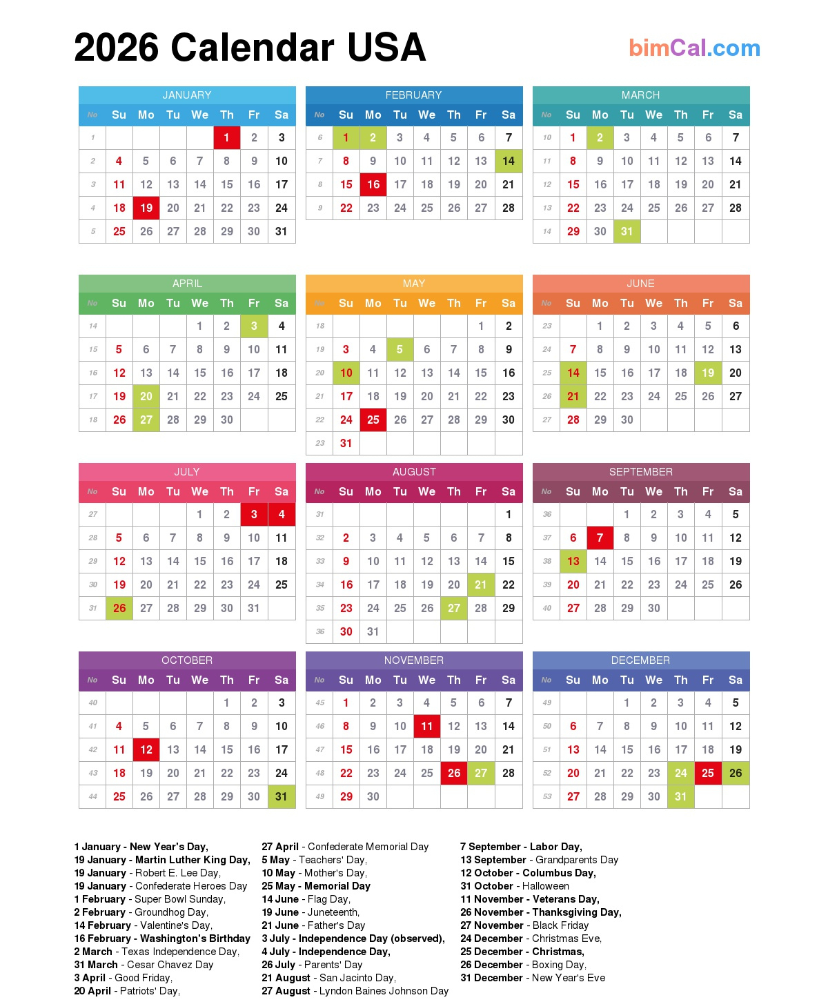 2026 Calendar Usa - Bimcal in Calendar For Year 2026 (United States)