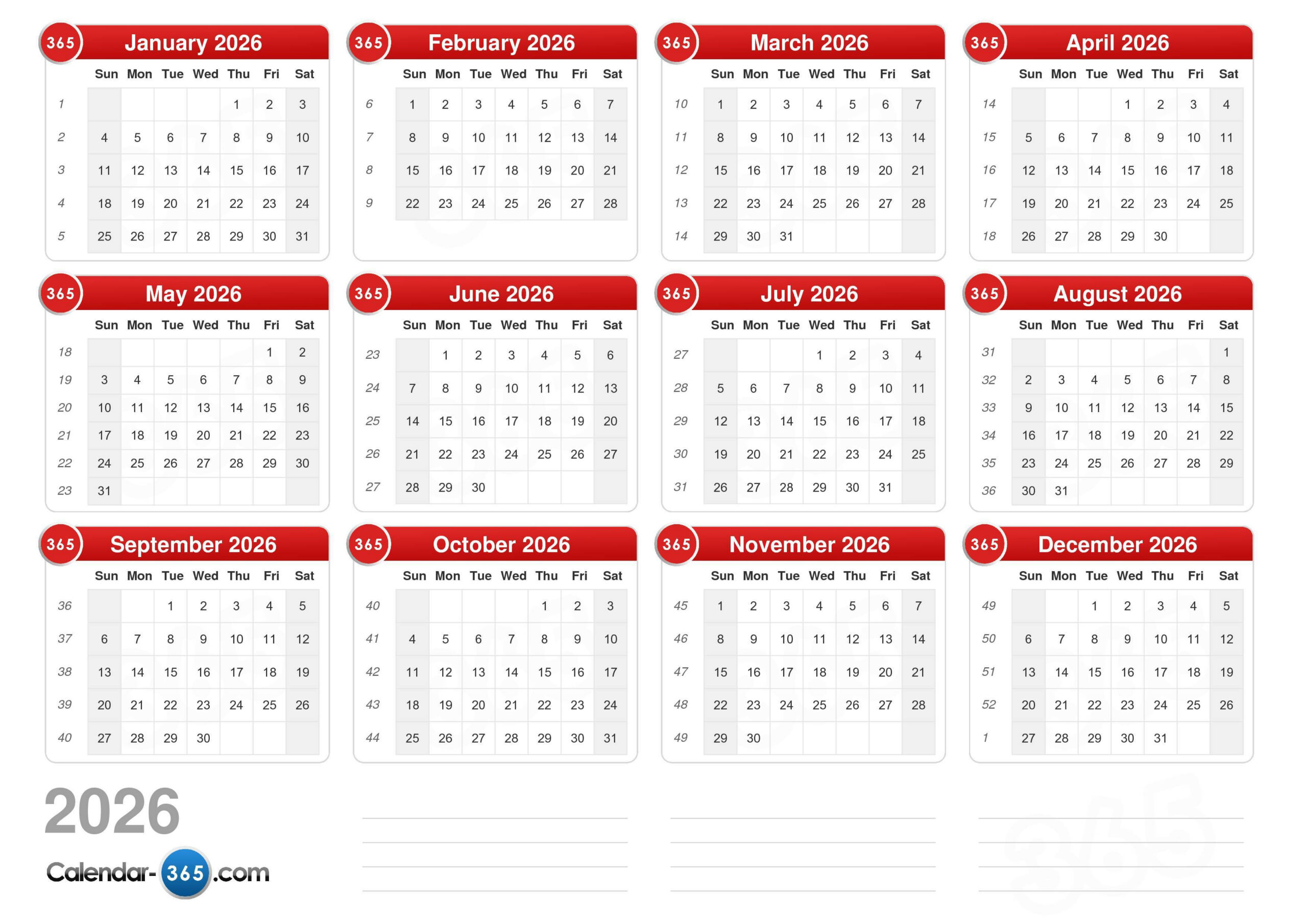 2026 Calendar with Number of Weekends in 2026