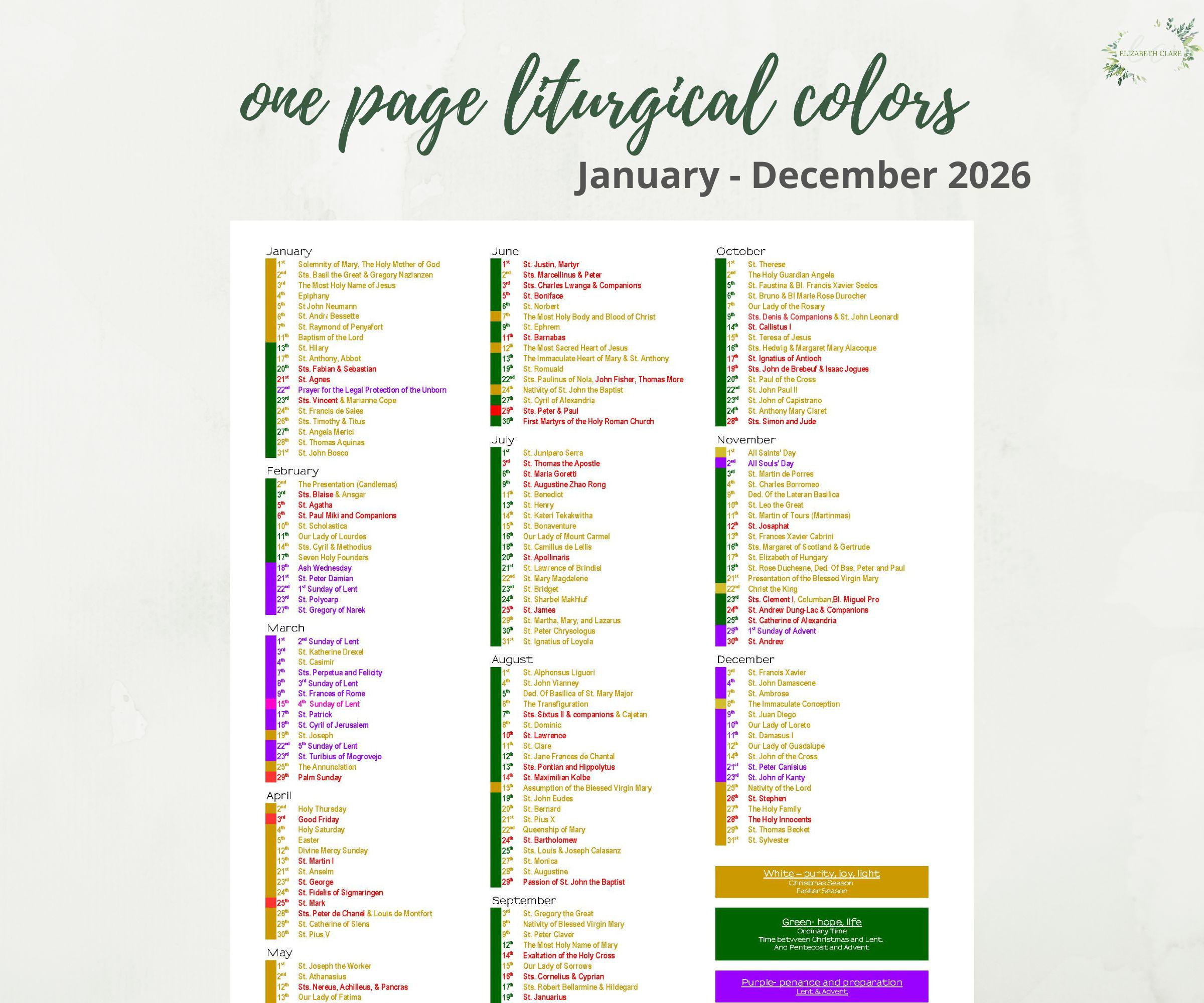 2026 Catholic Liturgical Year Calendar At A Glance: Liturgical regarding Pcusa Liturgical Calendar 2026