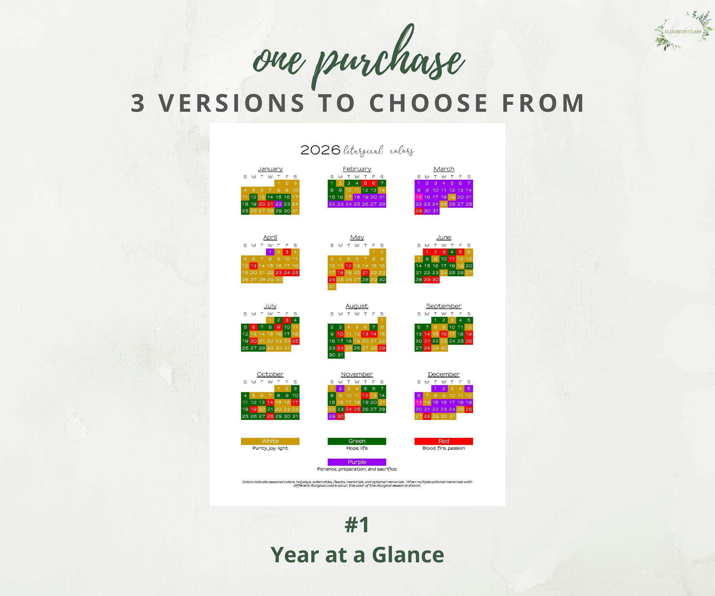 2026 Catholic Liturgical Year Calendar At A Glance: Liturgical with regard to Pcusa Liturgical Calendar 2026