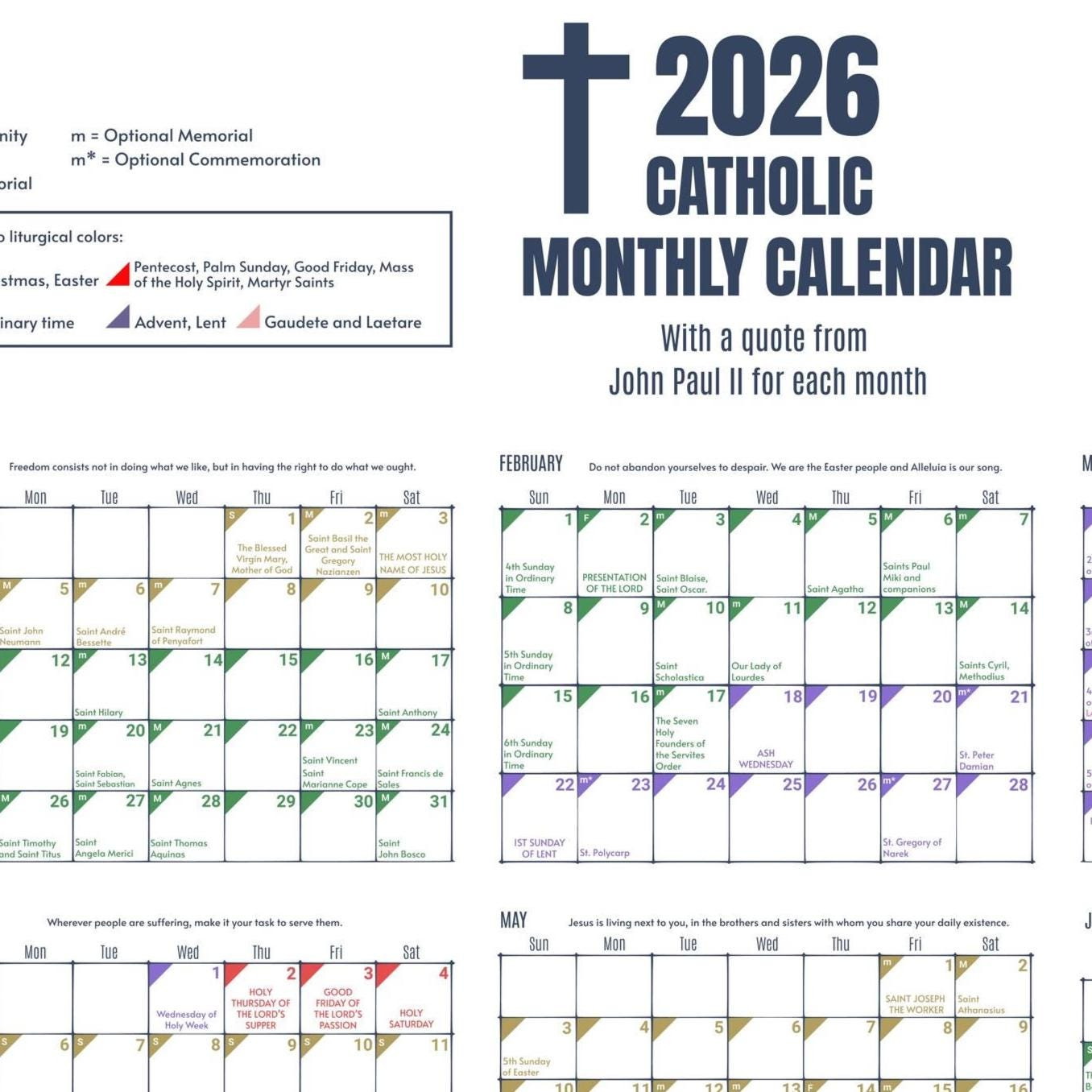 2026 Color-Coded Liturgical Calendar - Instant Download Catholic inside Catholic Calendar 2026