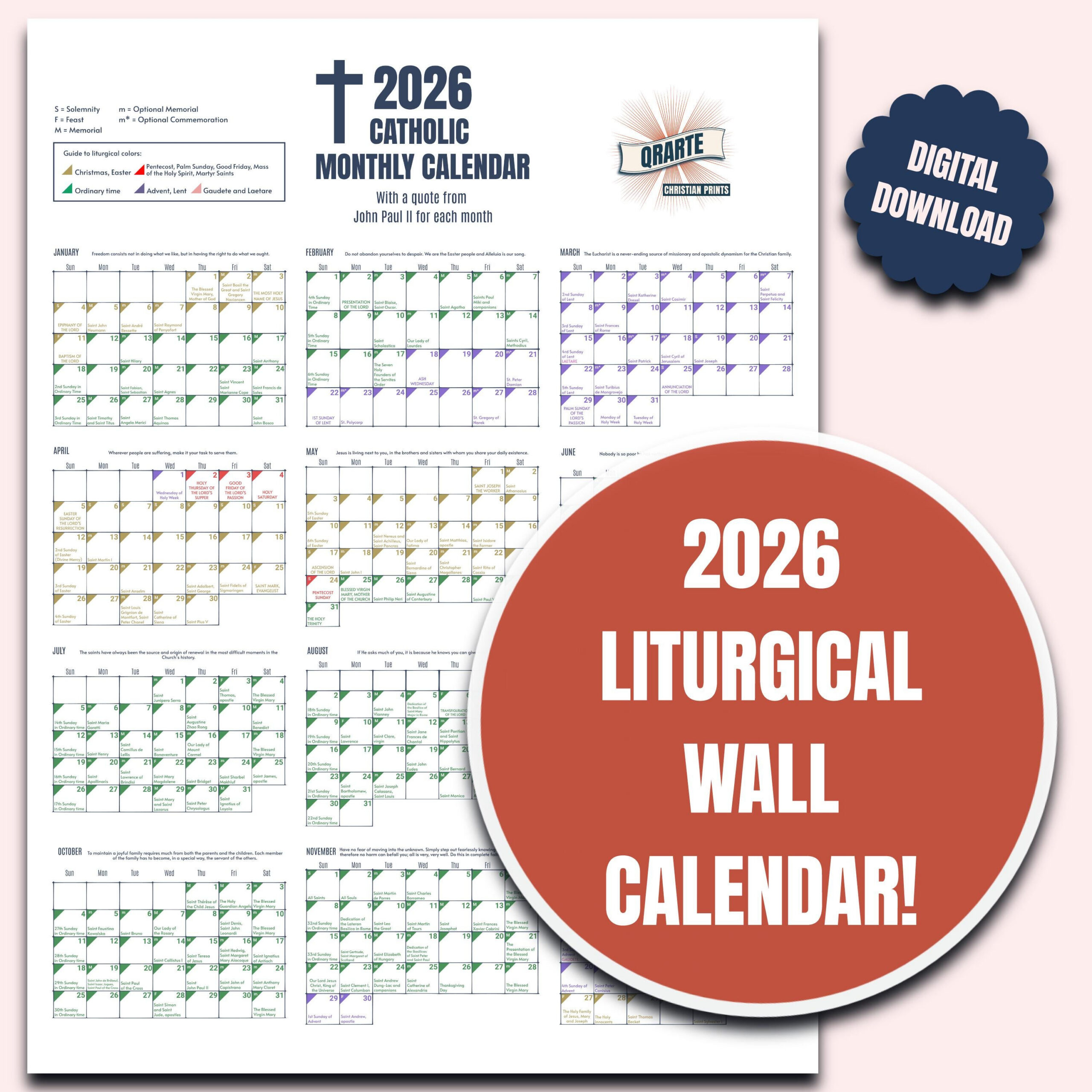 2026 Color-Coded Liturgical Calendar - Instant Download Catholic inside Catholic Planning Calendar 2026