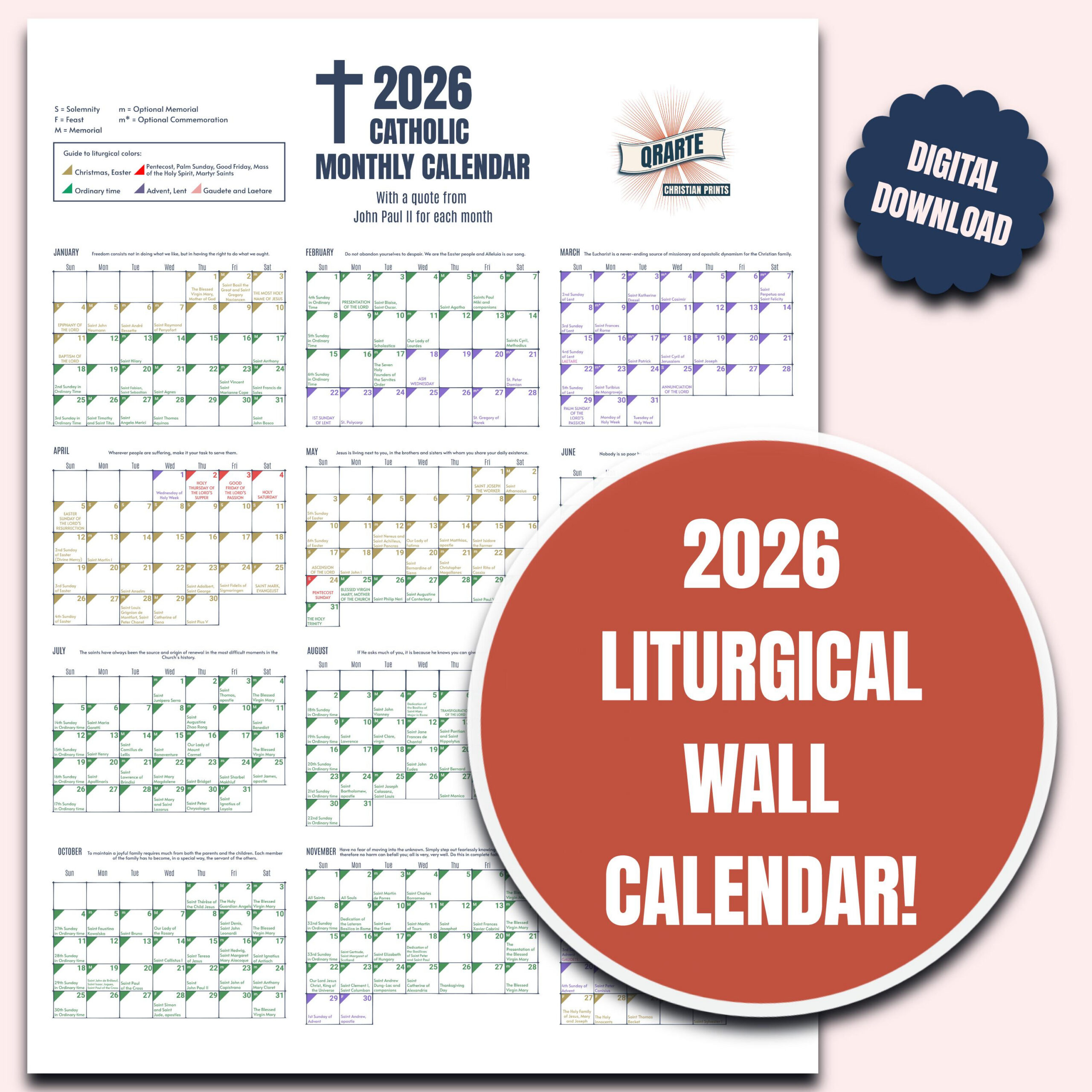2026 Color-Coded Liturgical Calendar - Instant Download Catholic throughout Liturgical Wall Calendar 2026