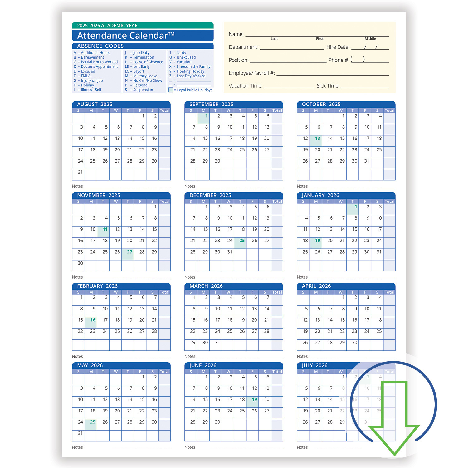 2026 Downloadable Academic Year Employee Attendance Calendar throughout 2026 Employee Attendance Calendar Free