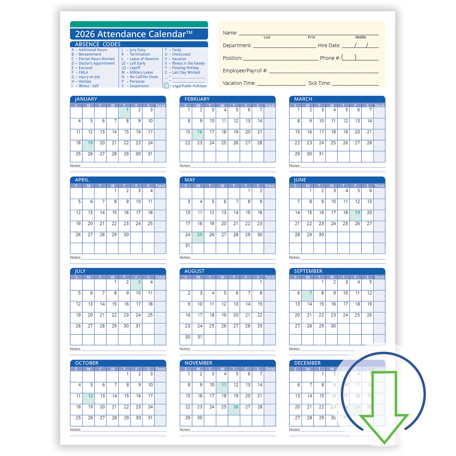 2026 Downloadable Employee Attendance Calendar | Hrdirect pertaining to Employee Attendance Calendar 2026 Template Free
