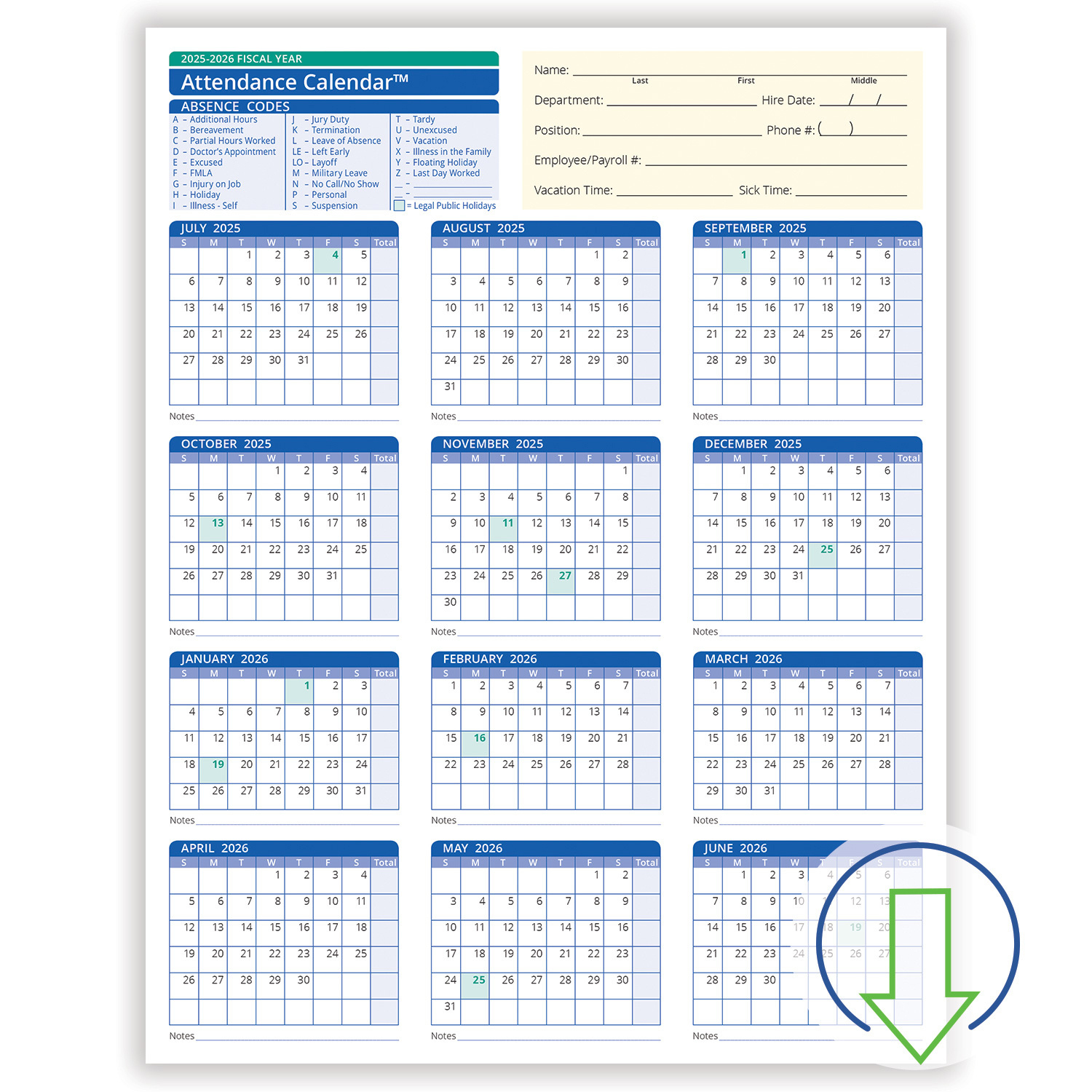 2026 Downloadable Fiscal Year Employee Attendance Calendar | Hrdirect in 2026 Attendance Calendar Printable
