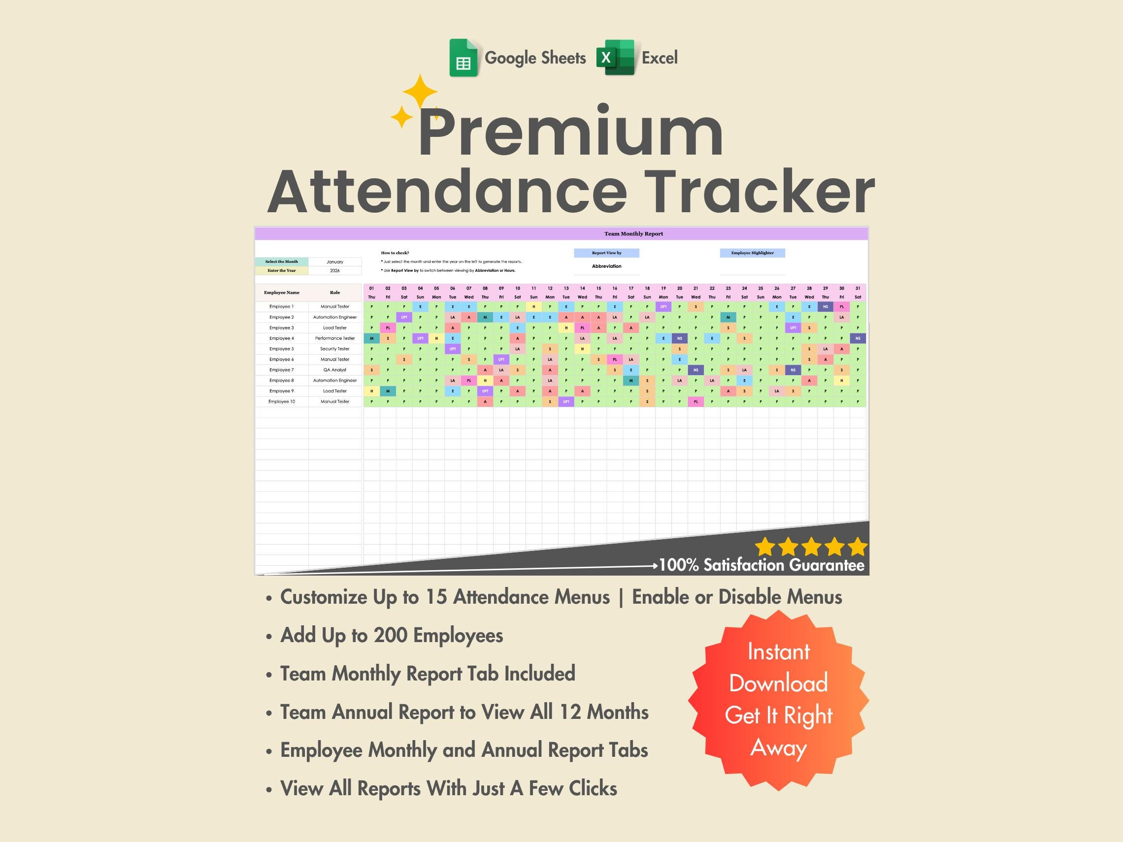2026 Employee Attendance Tracker, Excel, Google Sheets, Pto, Sick regarding Attendance Sheet January 2026