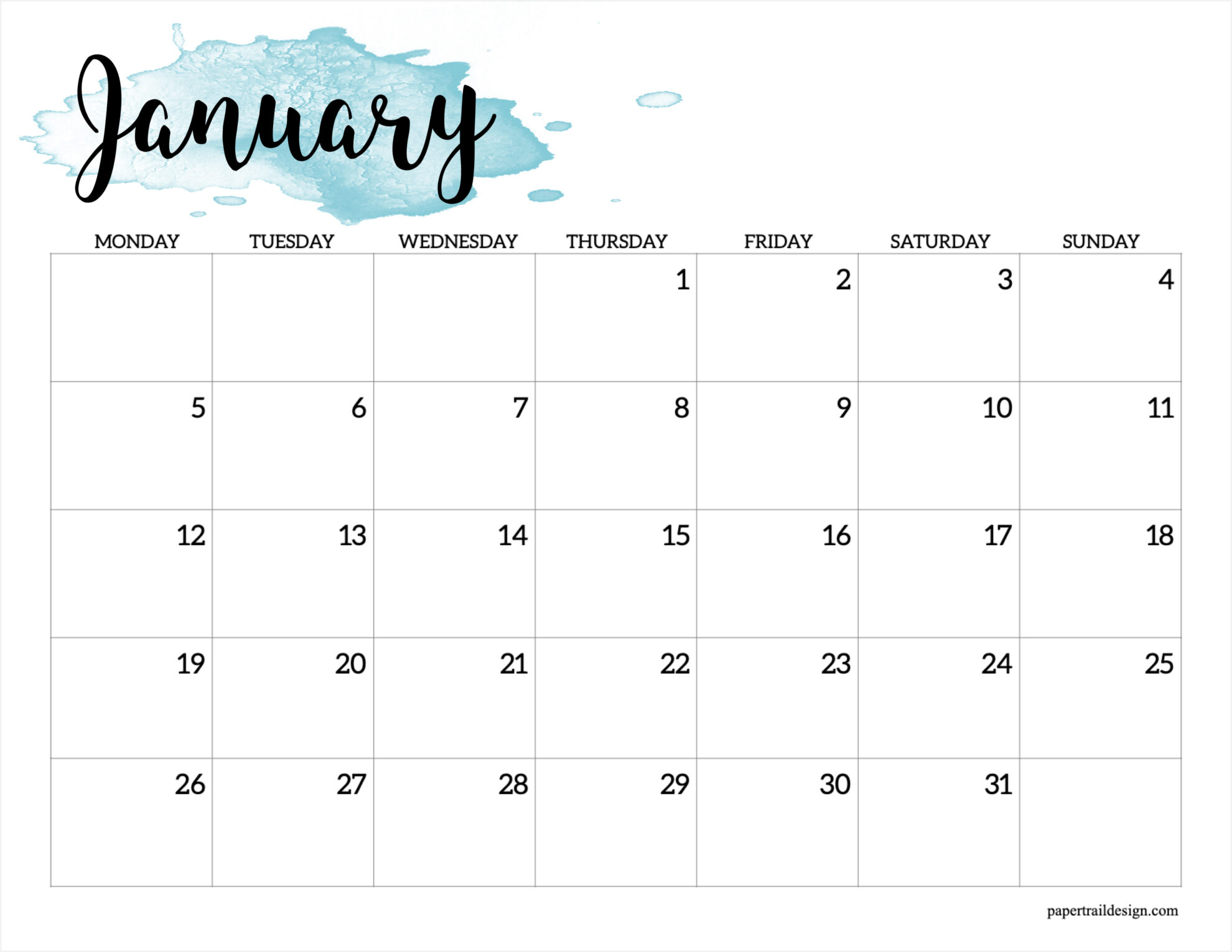 2026 Monday Start Calendar - Printable Watercolor - Paper Trail Design in January 2026 Calendar Printable Monday Start
