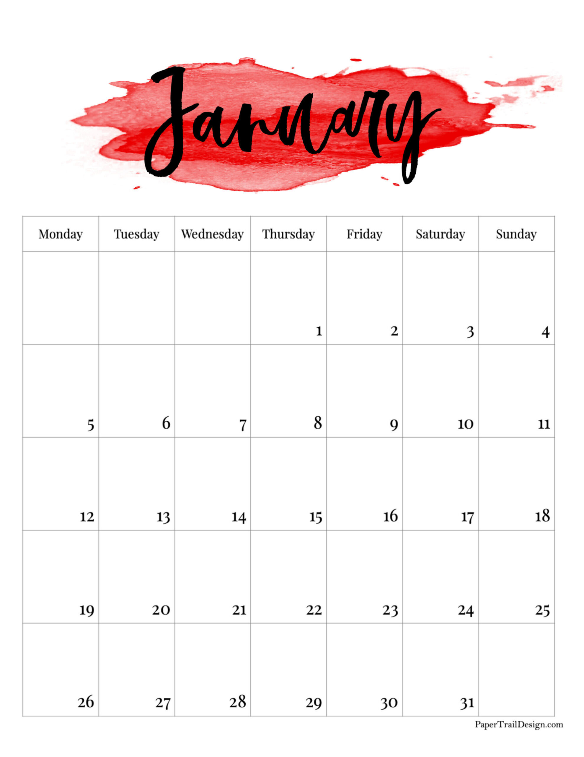 2026 Monday Start Watercolor Calendar - Paper Trail Design throughout January 2026 Calendar Printable Monday Start