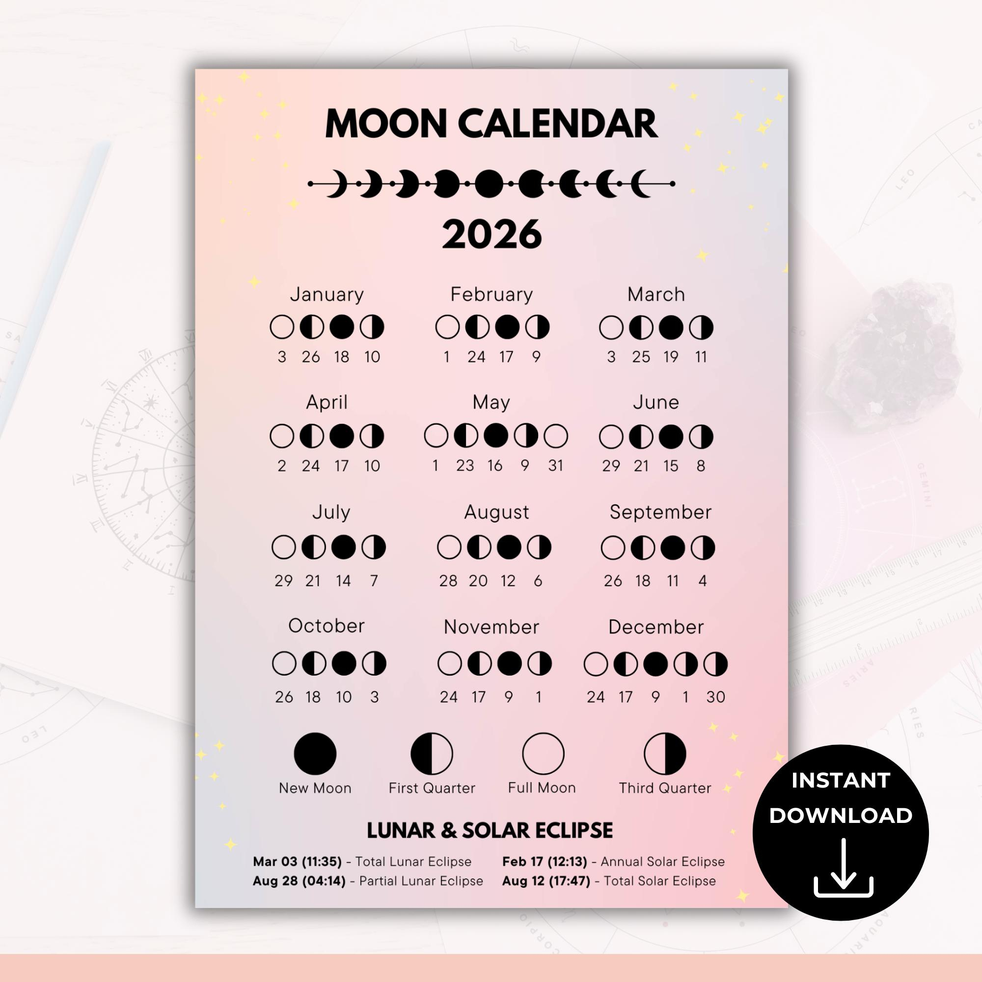 2026 Moon Phases Calendar, Lunar Calendar, Astrology Calendar inside Full Moon Calendar 2026 India