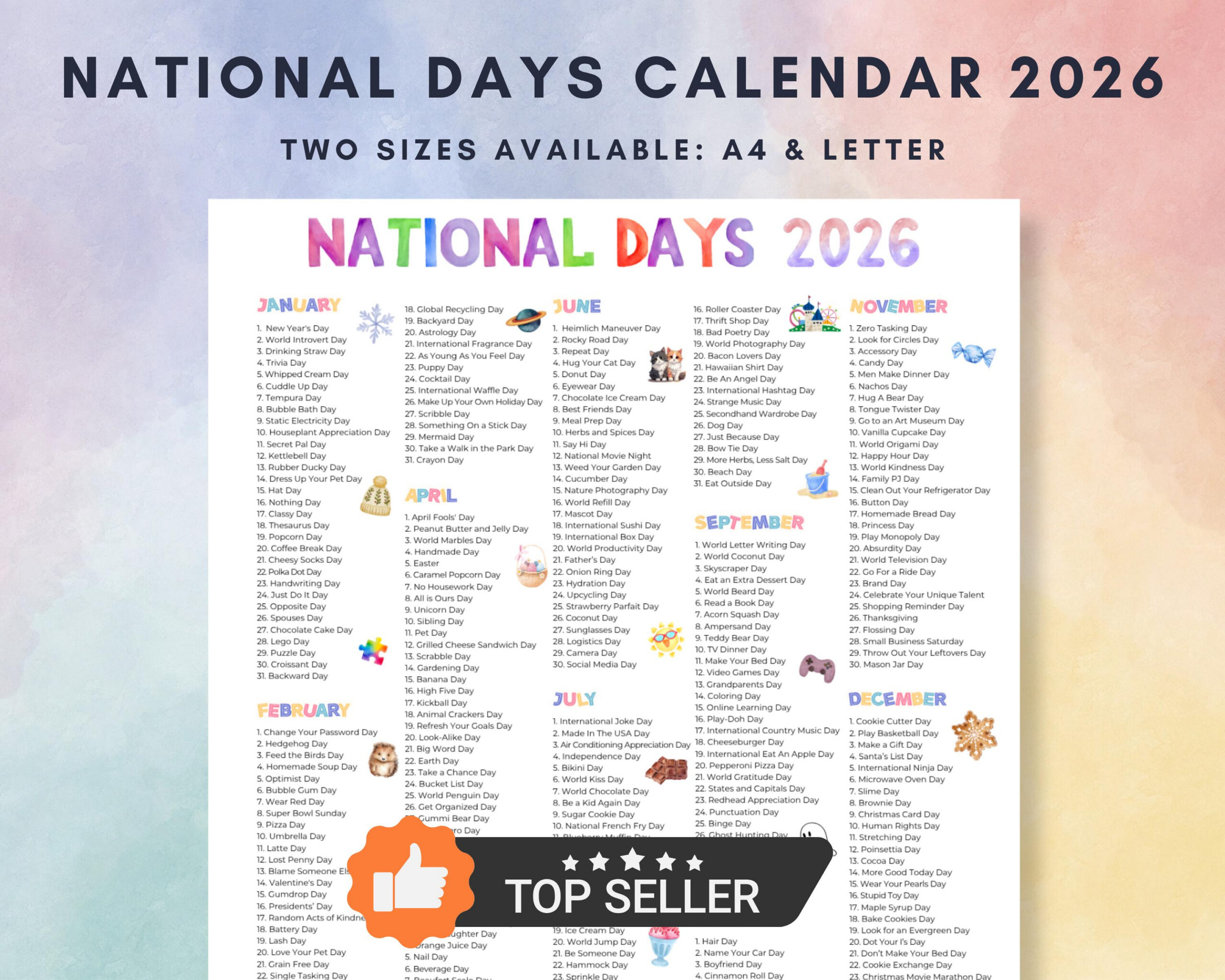 2026 National Days Calendar Printable (A4 & Letter Pdf) - Etsy Israel throughout National Day Calendar 2026 Printable Free