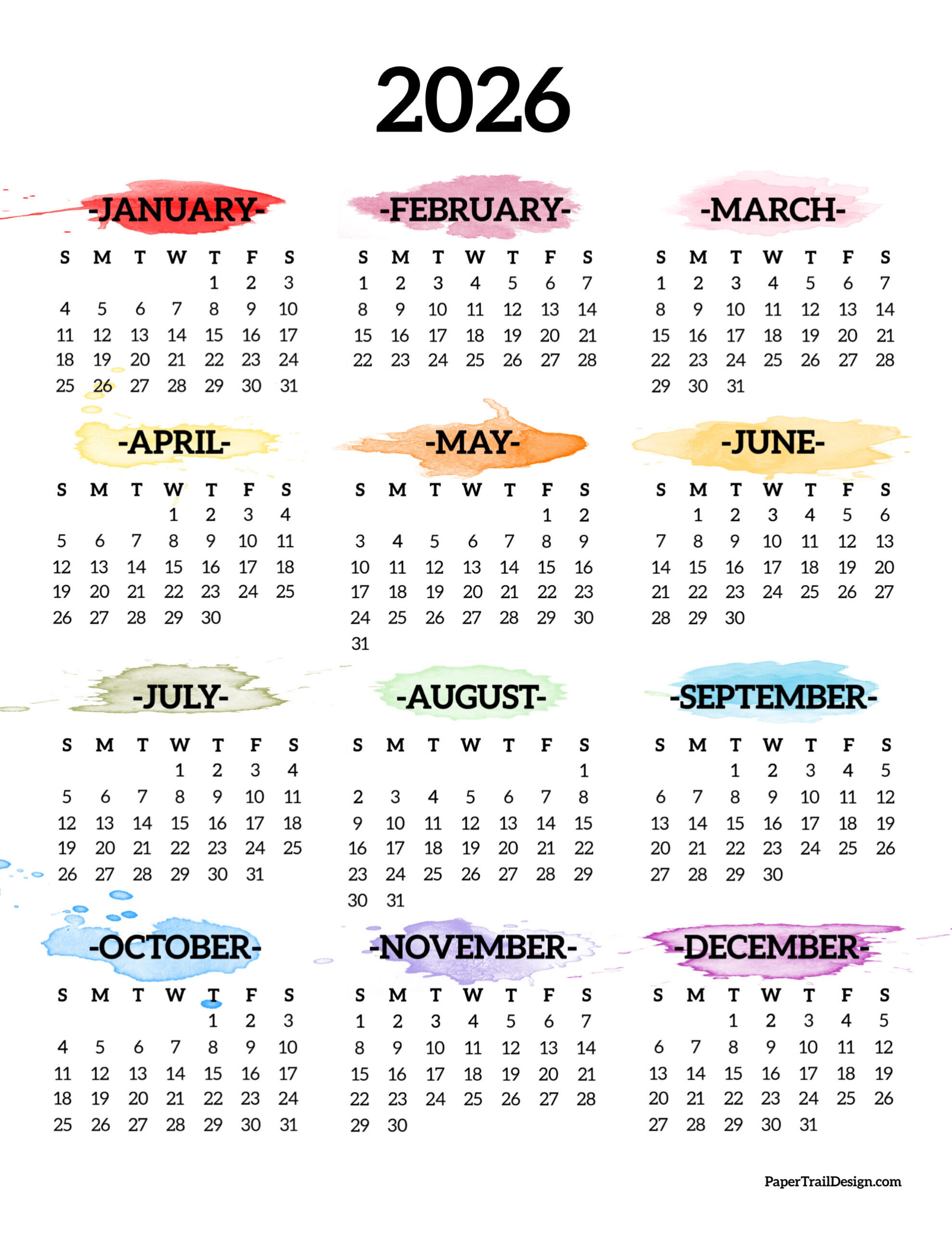 2026 Printable Calendar One Page - Paper Trail Design pertaining to Yearly Calendar 2026 Printable