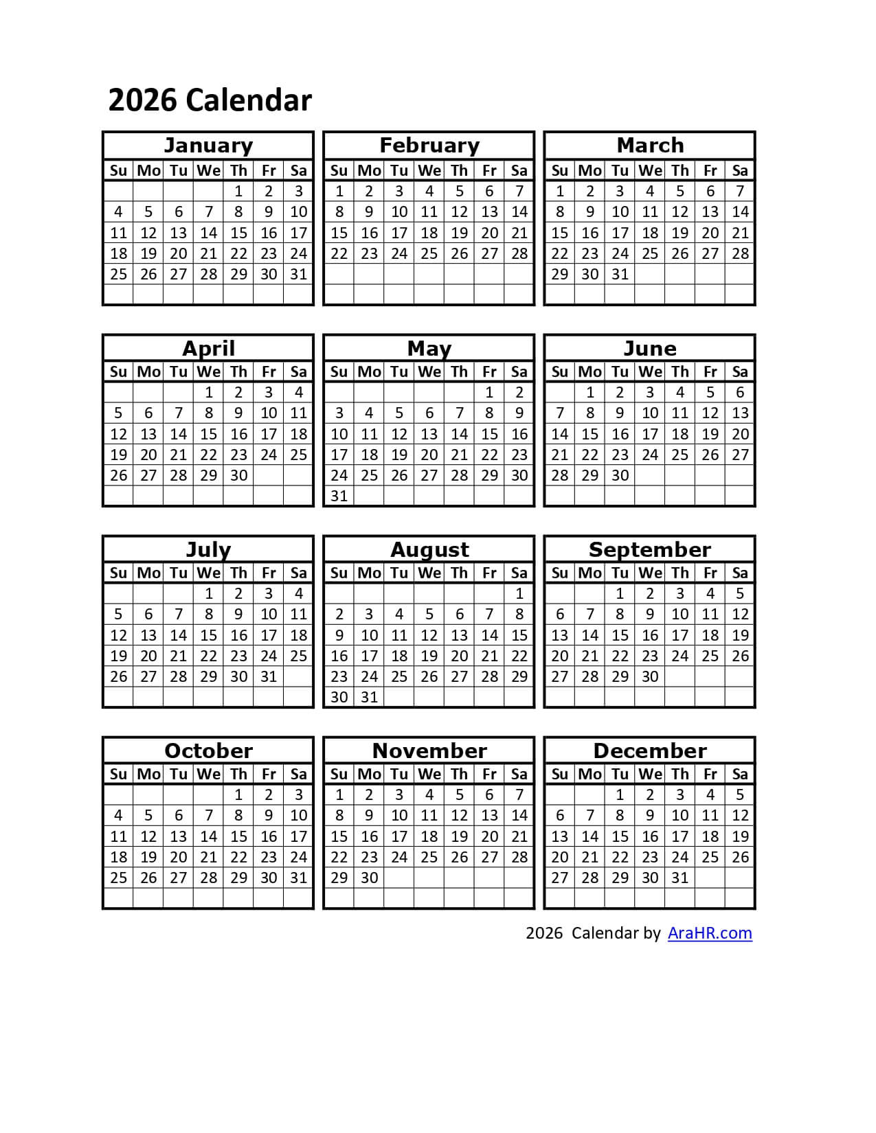 2026 Printable Calendar Template - Excel - Pdf - Image for Attendance Calendar 2026 Printable Free