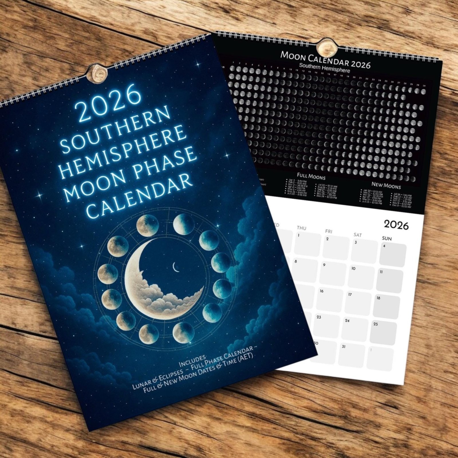 2026 Southern Hemisphere Moon Phase Calendar With Eclipses, Full in Southern Hemisphere Moon Phase Calendar 2026