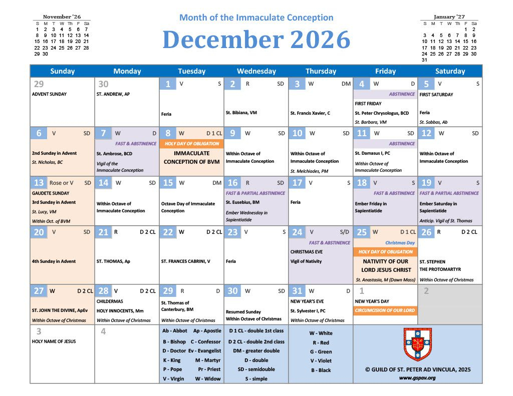 2026 Traditional Catholic Calendar - Guild Of St. Peter Ad Vincula throughout Traditional Liturgical Calendar 2026