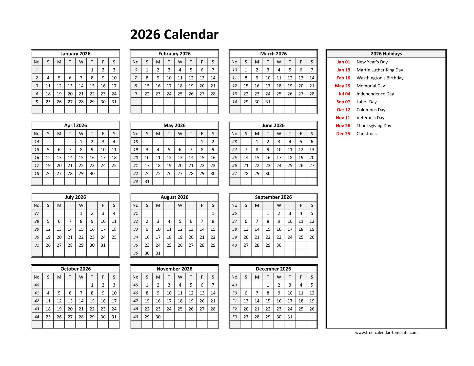 2026 Yearly Calendar Printable With Week Numbers | Free-Calendar for Employee Attendance Calendar 2026 Template Free