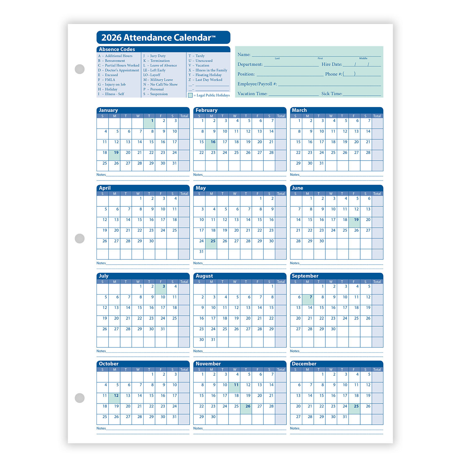 2026 Yearly Employee Attendance Calendar | Yearly Calendar | Hrdirect regarding Absence Calendar 2026