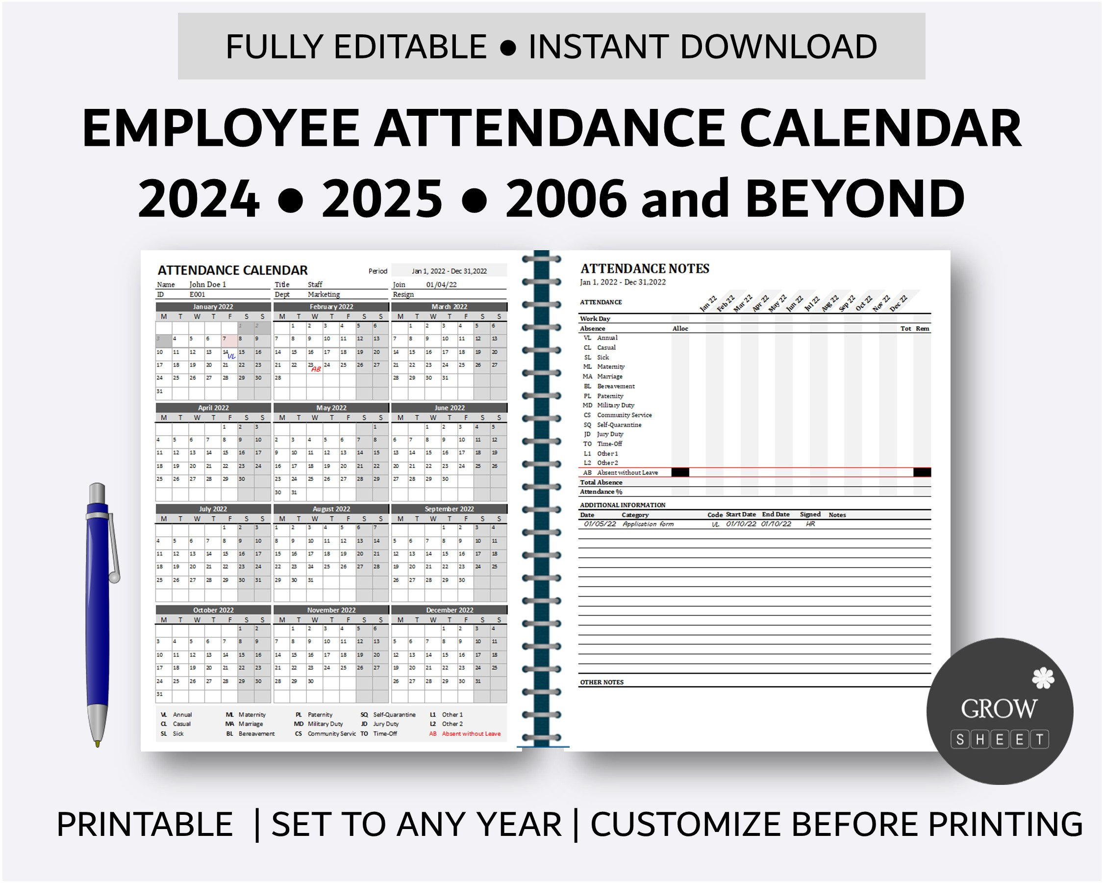 3 Ring Binder Calendar 2024 Attendance Calendar Work Tracker intended for Ppe Employee Attendance Calendar 2026