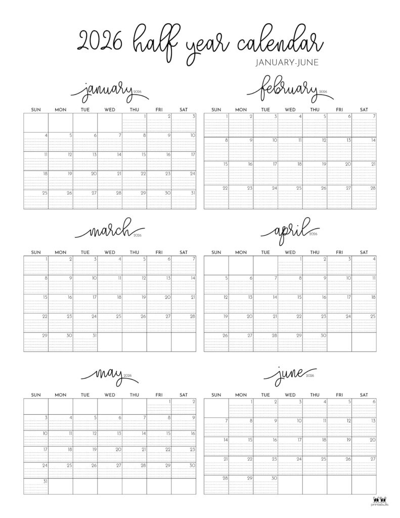 6 Month Calendars 2026 - 40 Free Calendars | Printabulls in January To June 2026 Calendar Printable