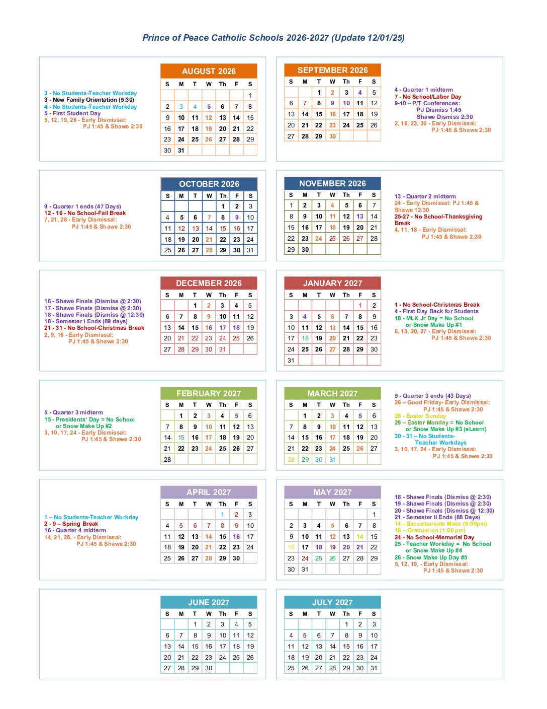 Academic &amp;amp; Lunch Calendars - Prince Of Peace Catholic Schools inside Catholic Calendar 2026 - 2027