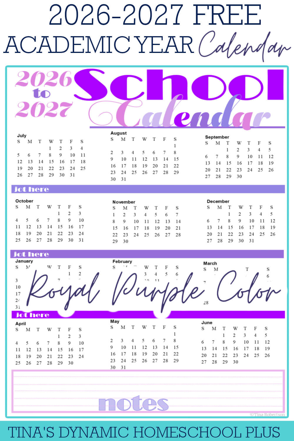 Beautiful Free Printable Yearly Calendar 2026 - 2027 pertaining to Homeschool Attendance Calendar 2026 - 2027