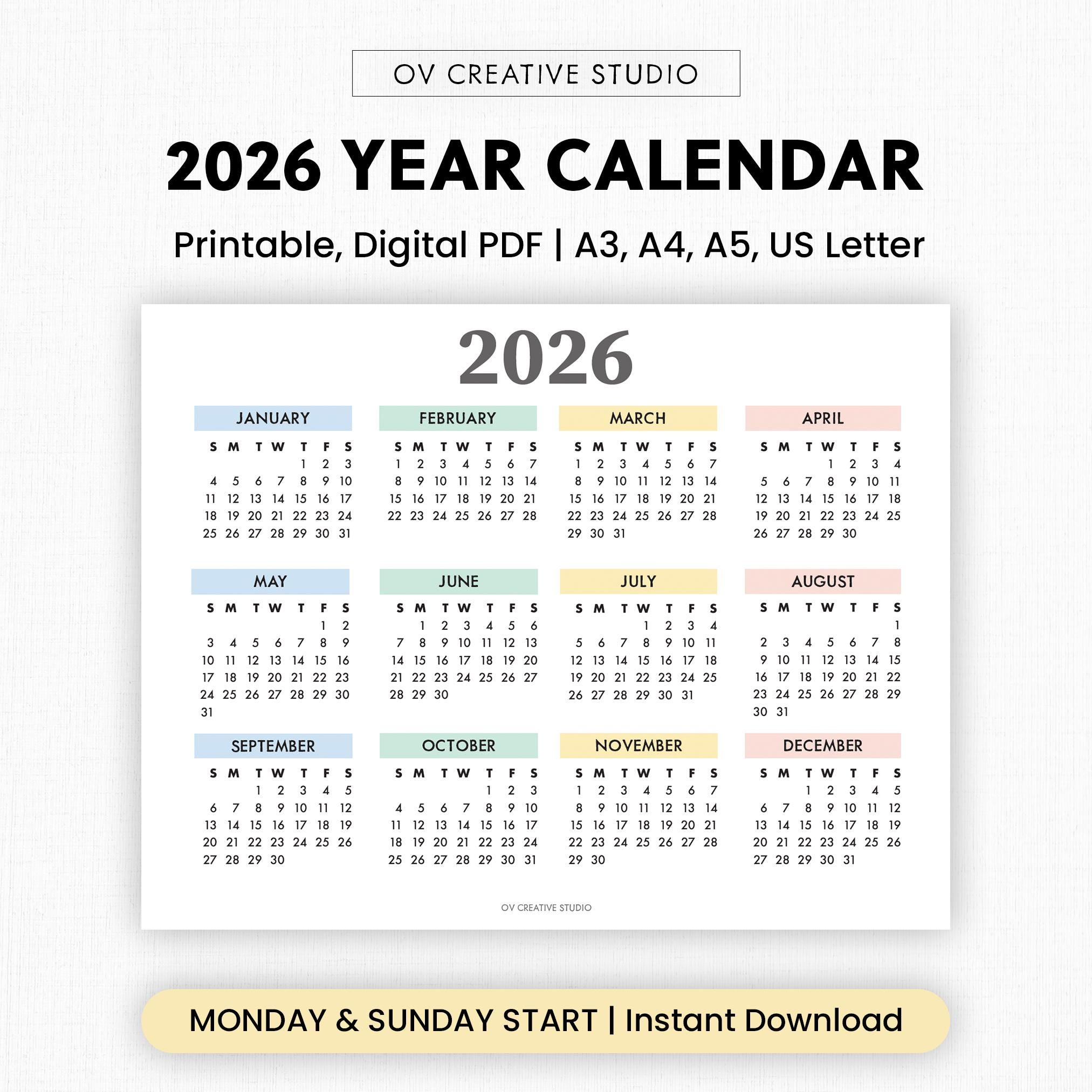 Buy 2026 Year Calendar Printable | Year At A Glance | Digital intended for At a Glance Calendars For 2026