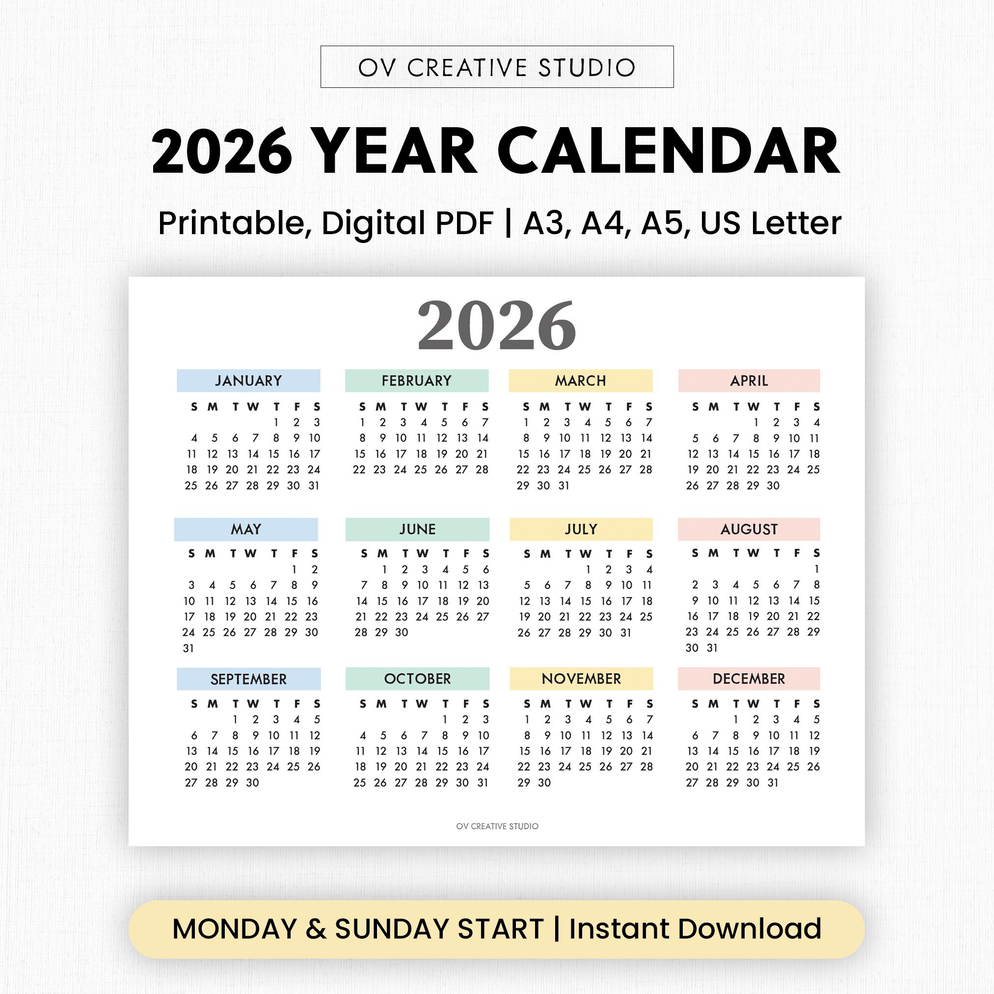 Buy 2026 Year Calendar Printable | Year At A Glance | Digital throughout At a Glance Yearly Calendar 2026