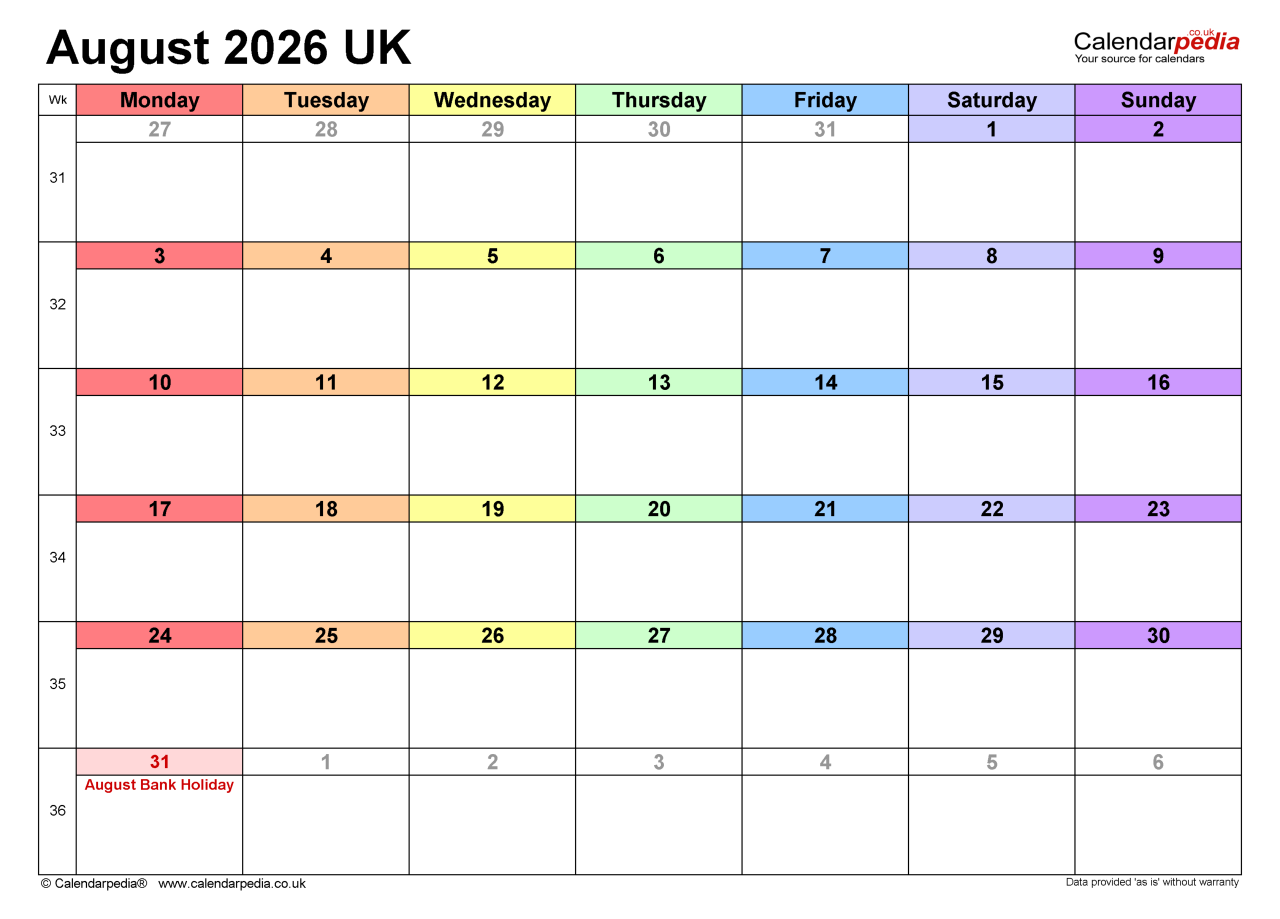 Calendar August 2026 Uk With Pdf, Excel And Word Templates in Attendance Sheet August 2026
