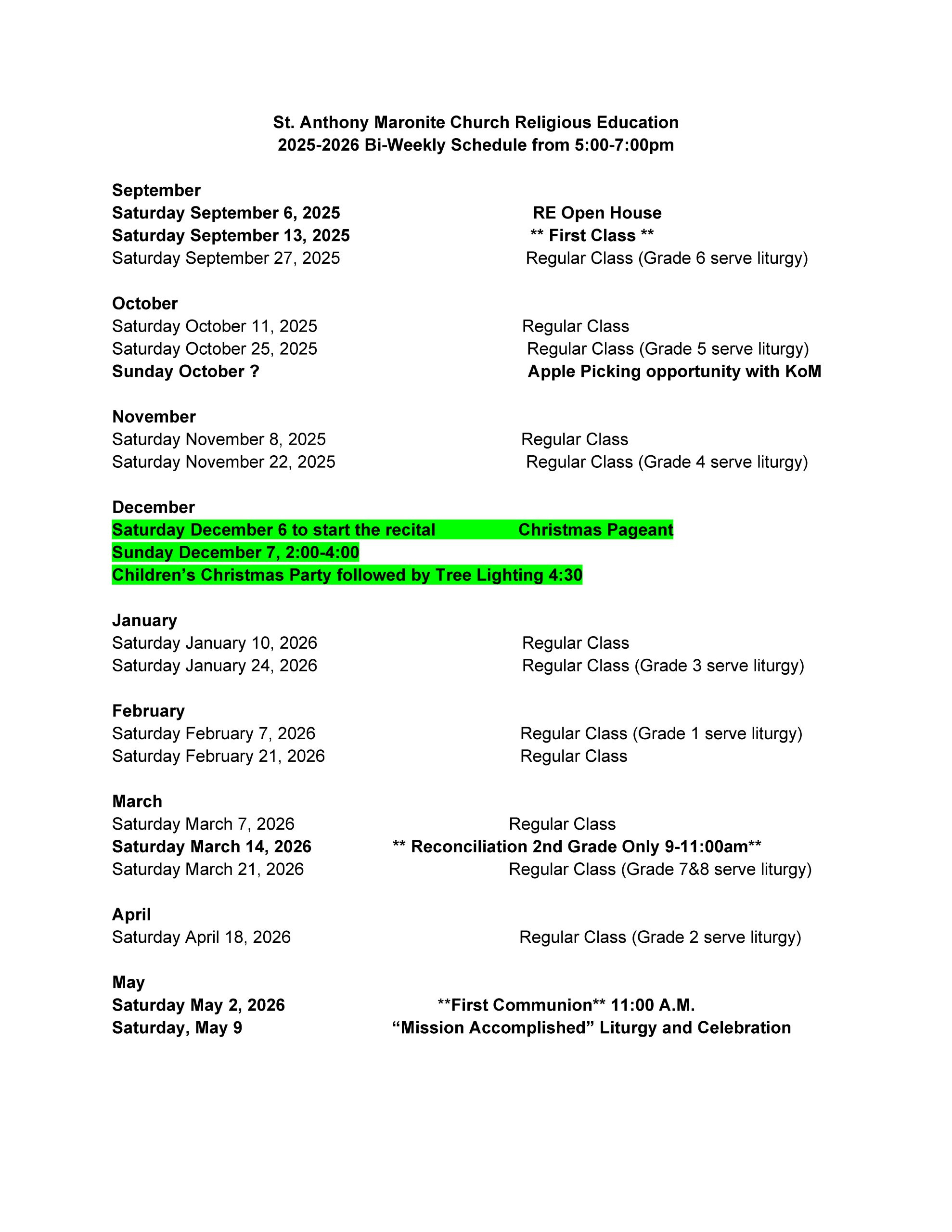 Calendar: Classes And Events – St Anthony Maronite Church with Maronite Liturgical Calendar 2026