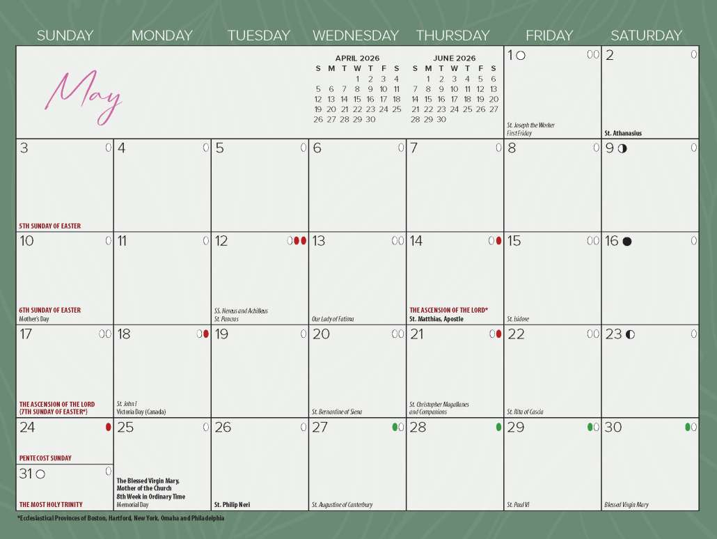 Catholic Calendars | Blue Mound Graphics intended for April 2026 Calendar With Catholic Holidays