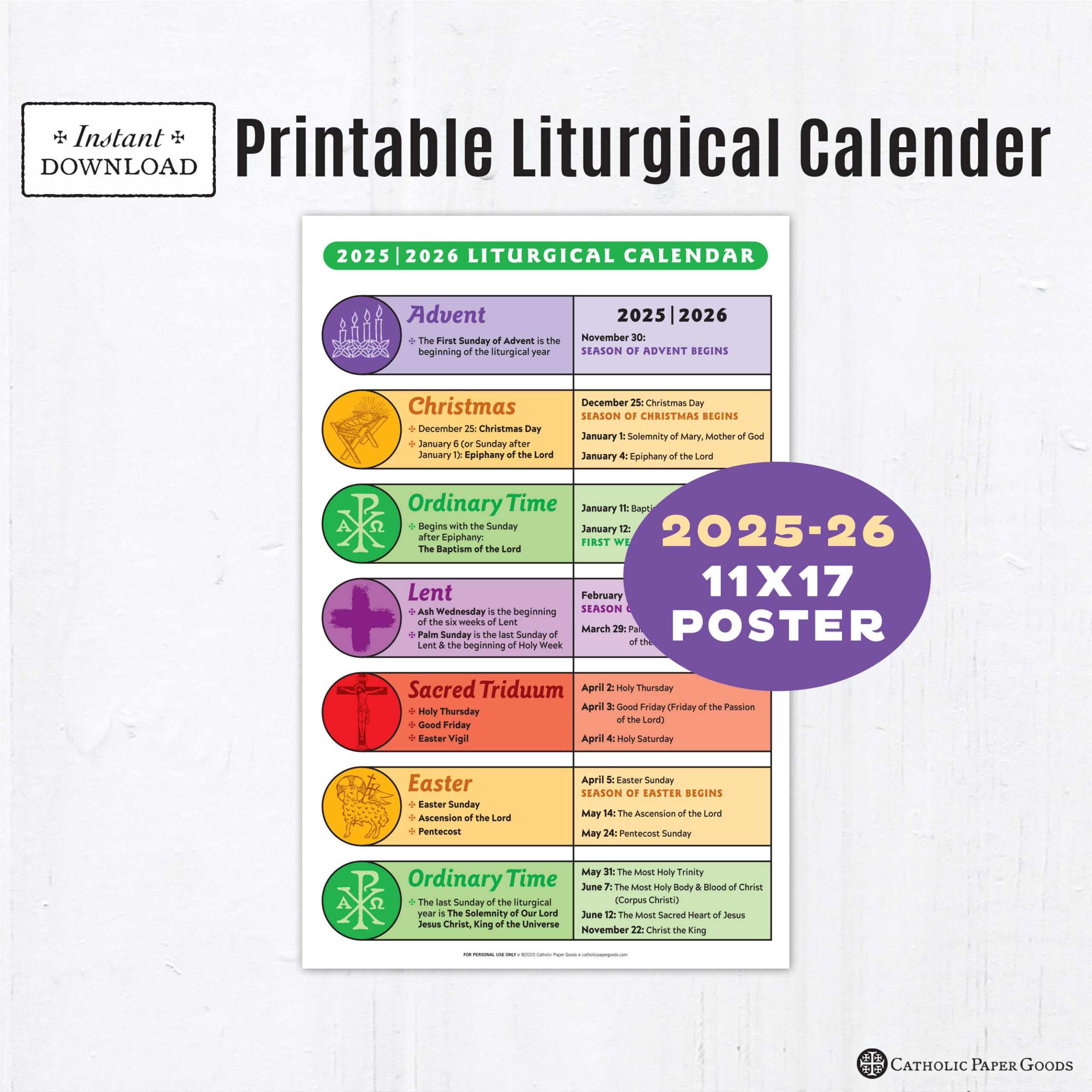 Catholic Liturgical Calendar 2025-26: 11X17 Color Poster (Digital in Liturgical Calendar 2026 Philippines
