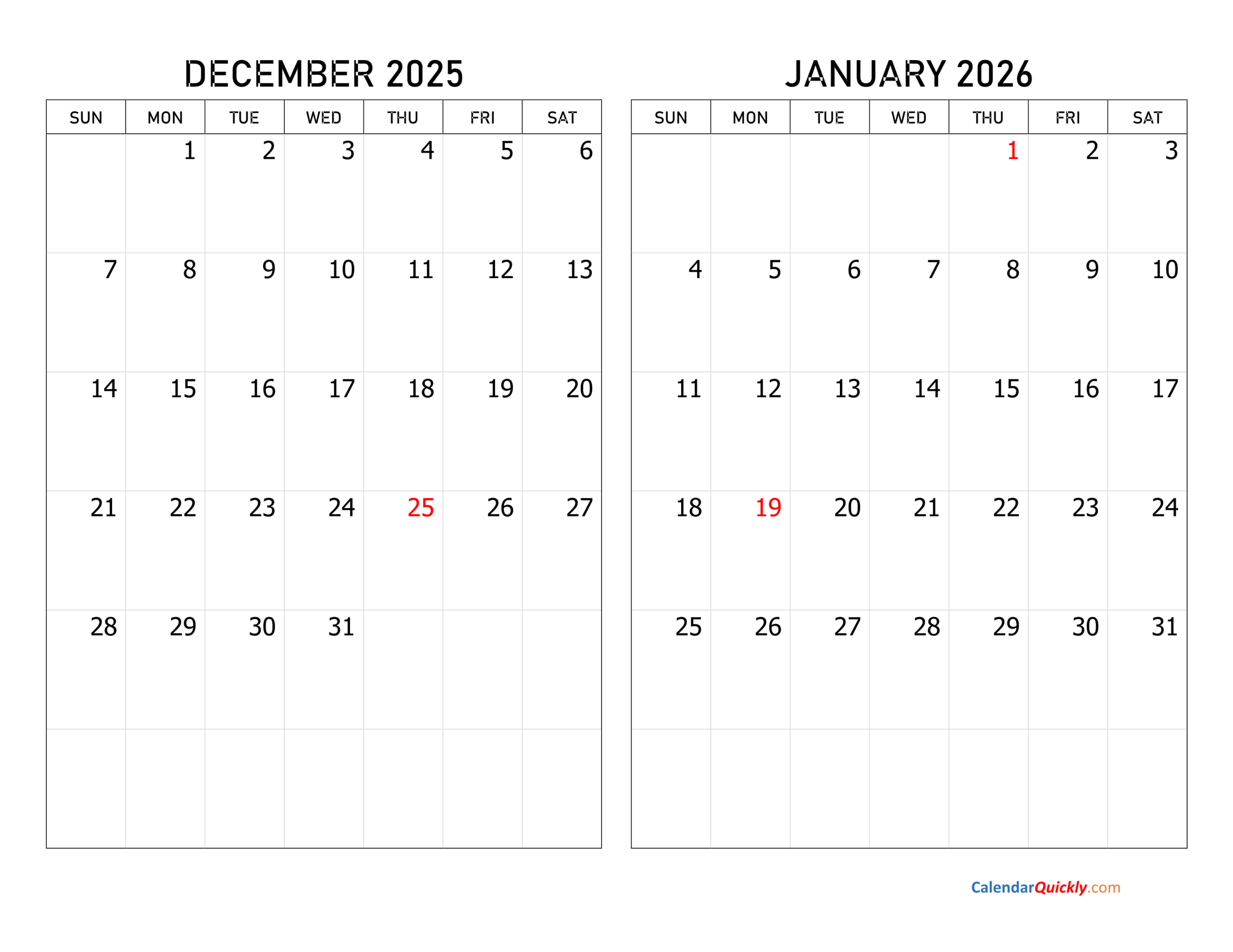 December 2025 And January 2026 Calendar | Calendar Quickly for December 2025 - January 2026 Calendar Printable