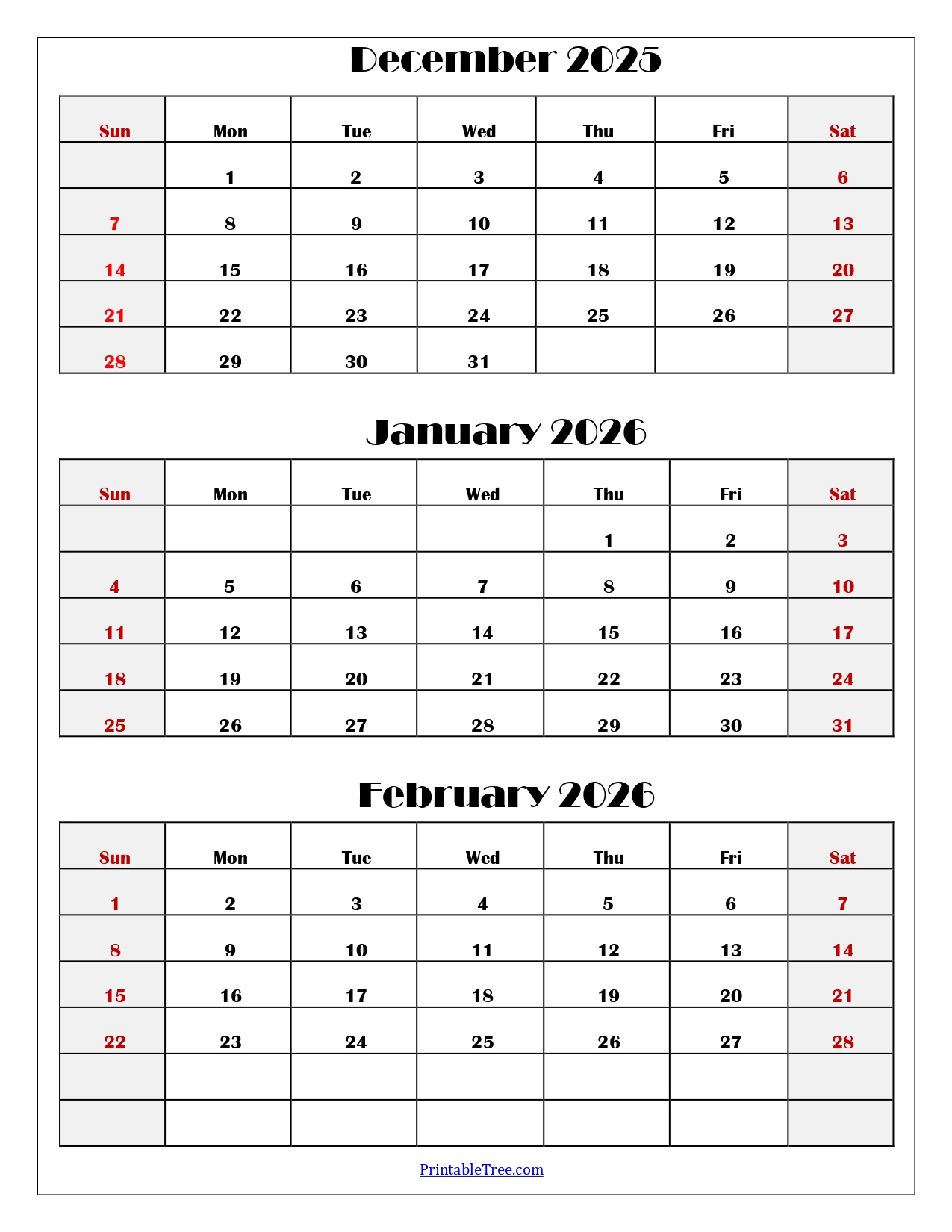 December To February 2026 Calendar Printable Pdf | Three Months with regard to Printable 3 Month Calendar December 2025 - January 2026 February